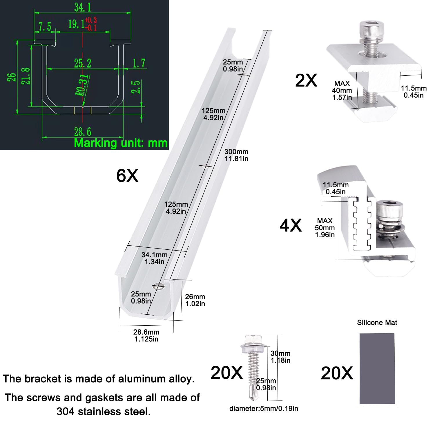 FLYAMAPIRIT Set di supporti per pannello solare in lega di alluminio fotovoltaico (6 guide da 300 mm + 4 morsetti terminali + 2 morsetti centrali) per 2 moduli solari PV