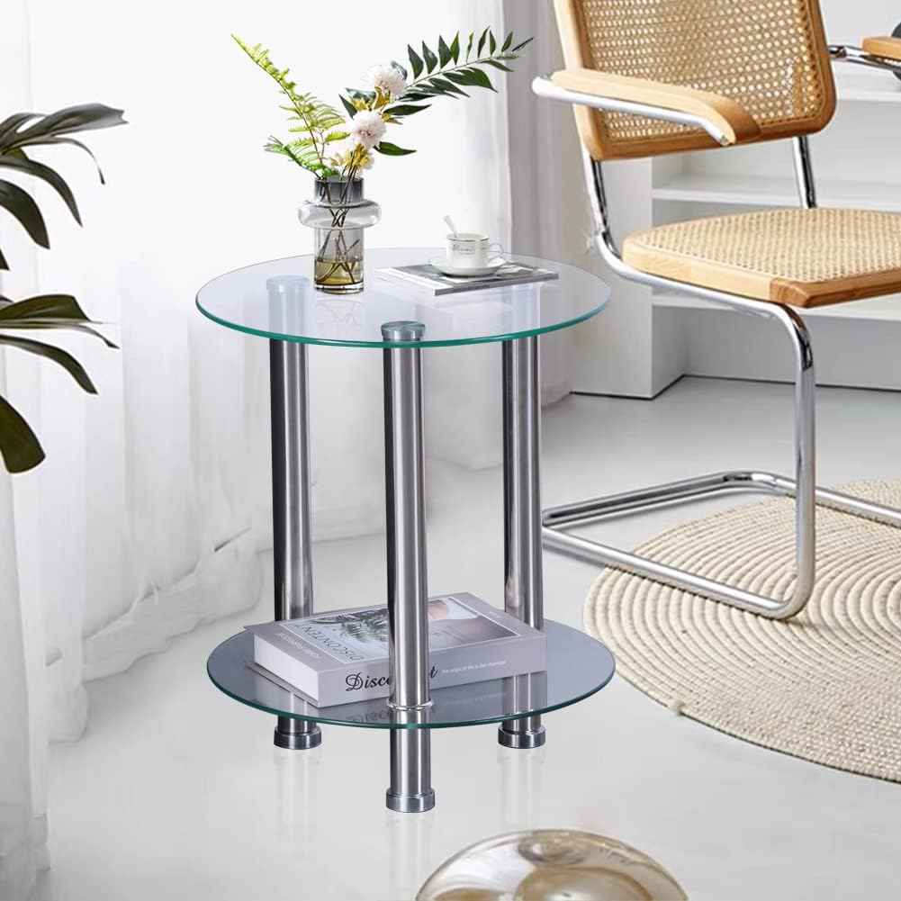 GOLDFAN 2Tier Round Glass Sofa Side Table Small Coffee Table Corner