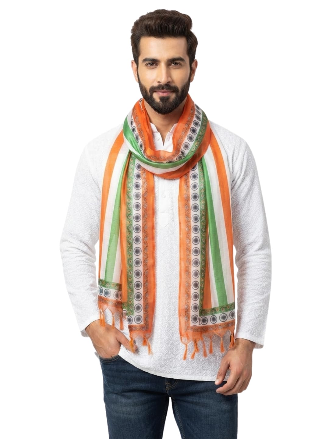dupatta bazaar Men's Polyester Tricolour Woven Dupatta | Ethnic Motif Tasselled Patriotic Stole | Lightweight Ethnic Dupatta for Independence Day, Republic Day and Cultural Events (Design 11)-picture-33