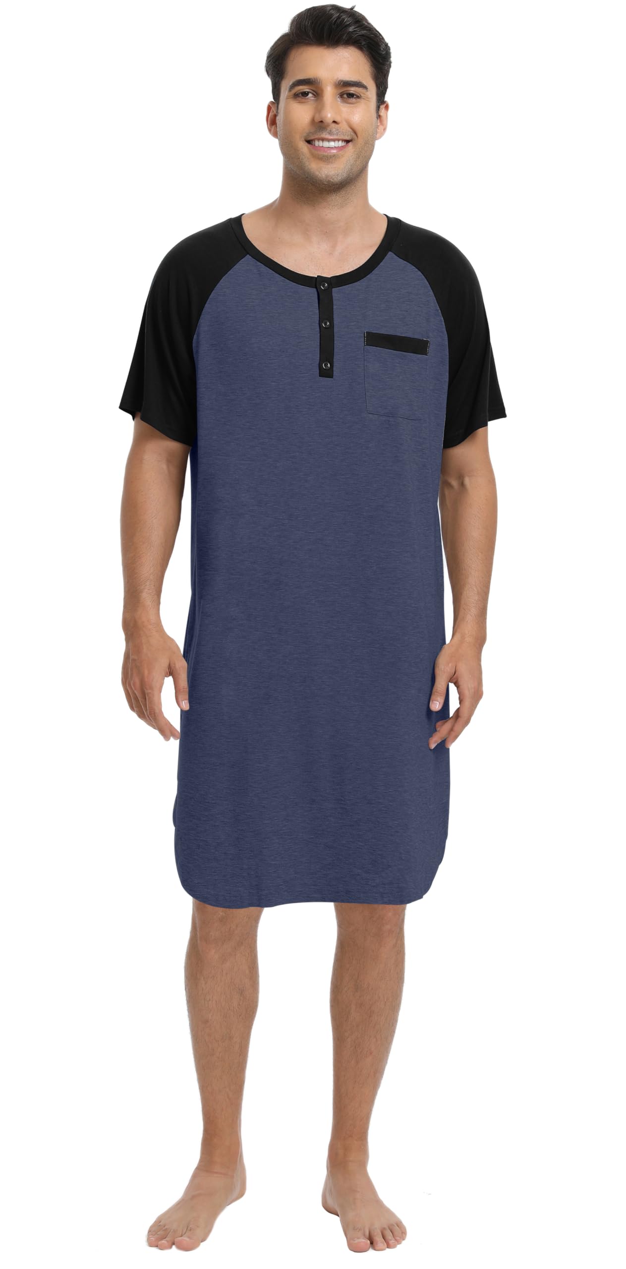Enjoyoself Chemise de Nuit Homme Hauts de Pyjama Tee-Shirt Longueur Genou Col V avec Boutons Manches Courtes Vêtements d'Intérieur Douce Confortable Grande Taille M-4XL