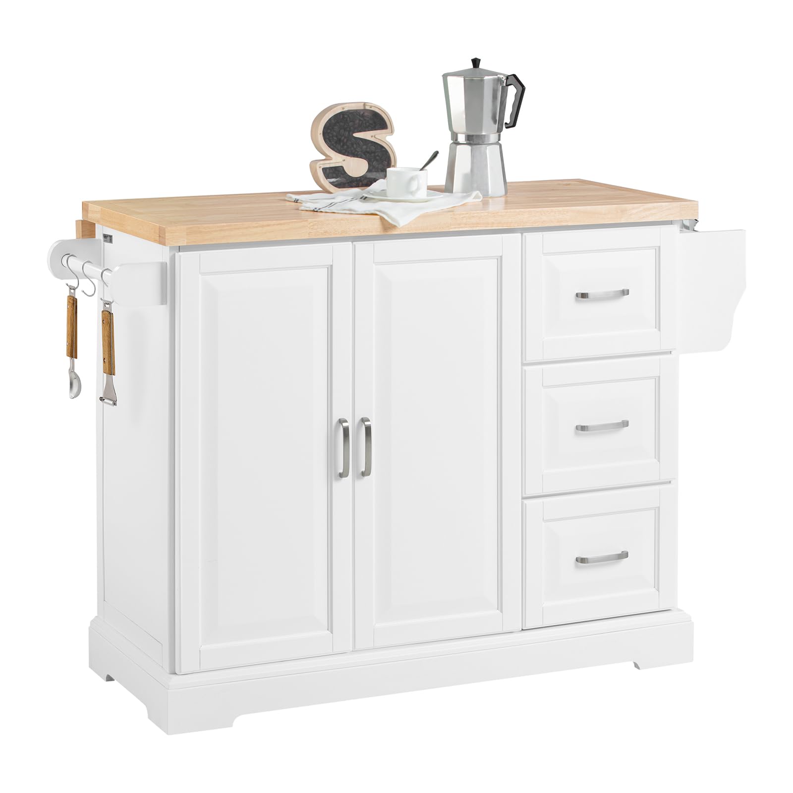 SoBuy Extendable Kitchen Island on Wheels Rolling Storage Trolley with Rubber Wood Worktop Storage Cabinet Sideboard Perfect for Kitchen Organisation W130 x D46/71 x H91cm White FKW41-WN