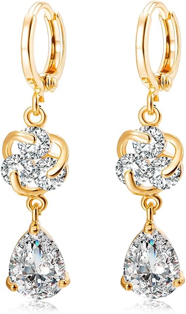 YAZILIND 18K Gold Plated Women Jewelry Exquisite Teardrop Water Drop Pendant Cubic Zirconia Inlaid Drop Dangle Hoop Earrings