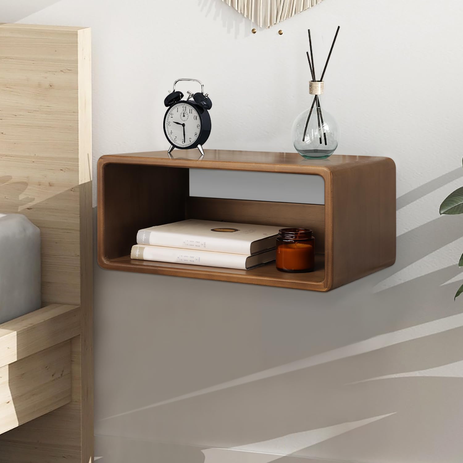 WOOYNEX Floating Nightstand Wooden, Bedside Table, Nightstand Shelf, Handmade, Wall Mounted Bedside Shelf, Minimalist and Unique Style White 40 x 17.5 x 25 CM (Brown)-image-27