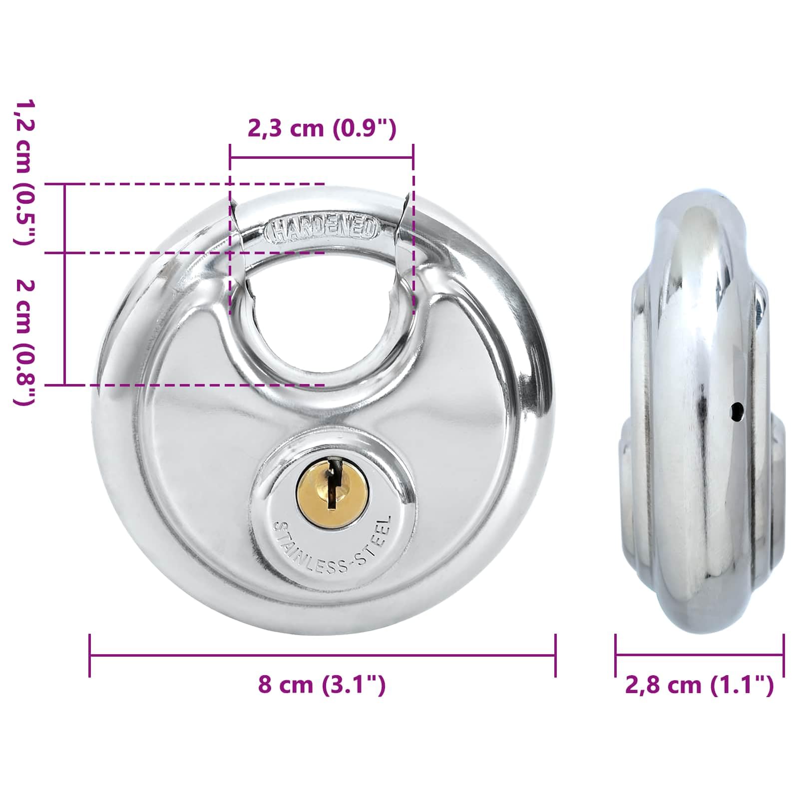 Diskusschlösser mit Schlüsseln 12 Stück aus Edelstahl in Silber, 8 x 2,8 x 8 cm, robustes Vorhängeschloss für Innen- und Außenbereich, sichere Aufbewahrung, Einbruchschutz