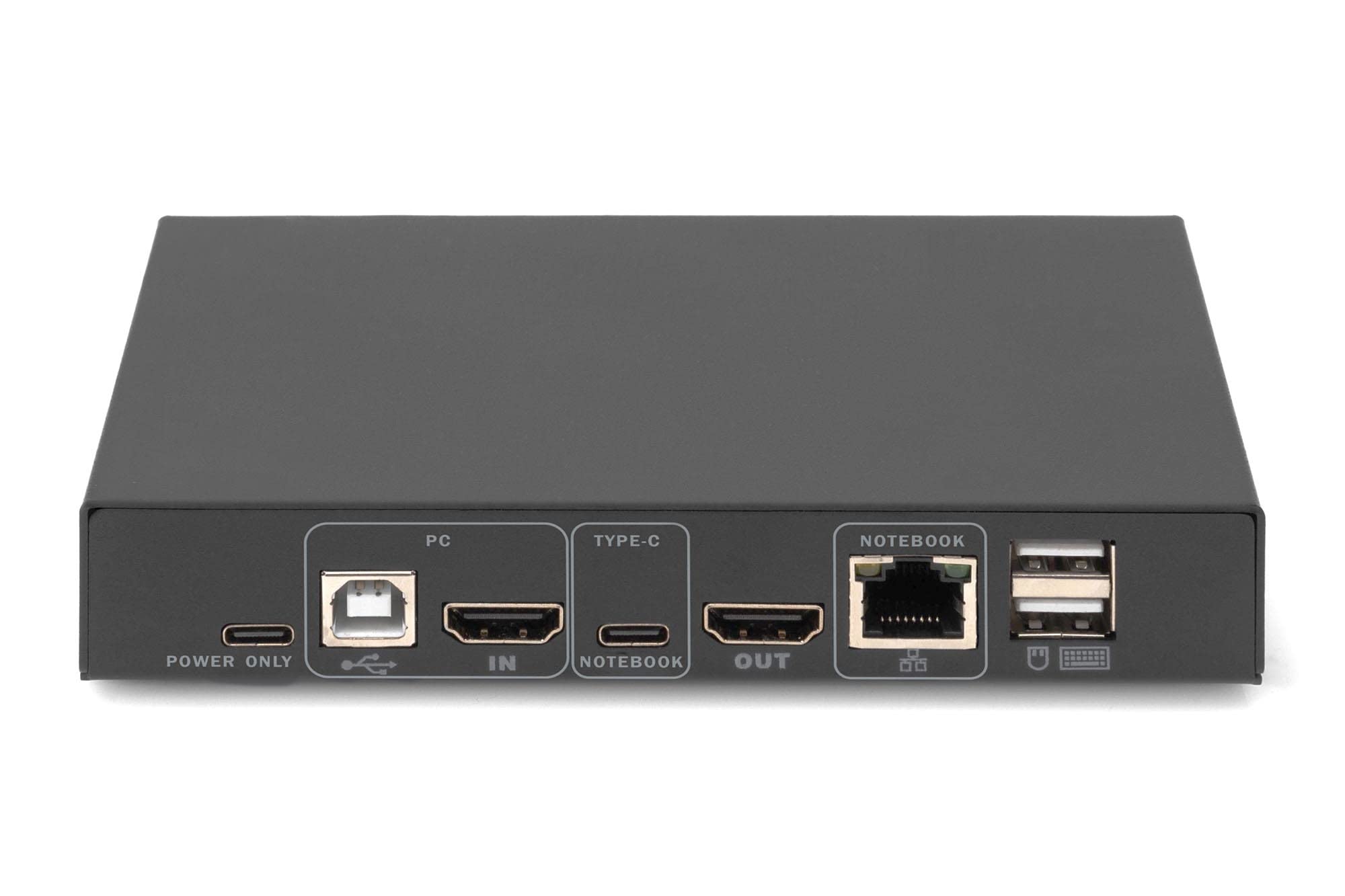 DIGITUS KVM Switch HDMI – USB-C do podłączenia notebooka – 2-portowy pojedynczy wyświetlacz – 2 komputery 1 monitor – 1 mysz, klawiatura i dźwięk dla 2 komputerów – port LAN RJ45 i USB-C – Czarny