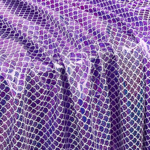 FINGERINSPIRE 1 m de tela de escamas de pescado de sirenas, 150 cm, no elástica, poliéster, tela morada con patrón de escamas de sirena, adornos brillantes para manualidades, costura, decoración de