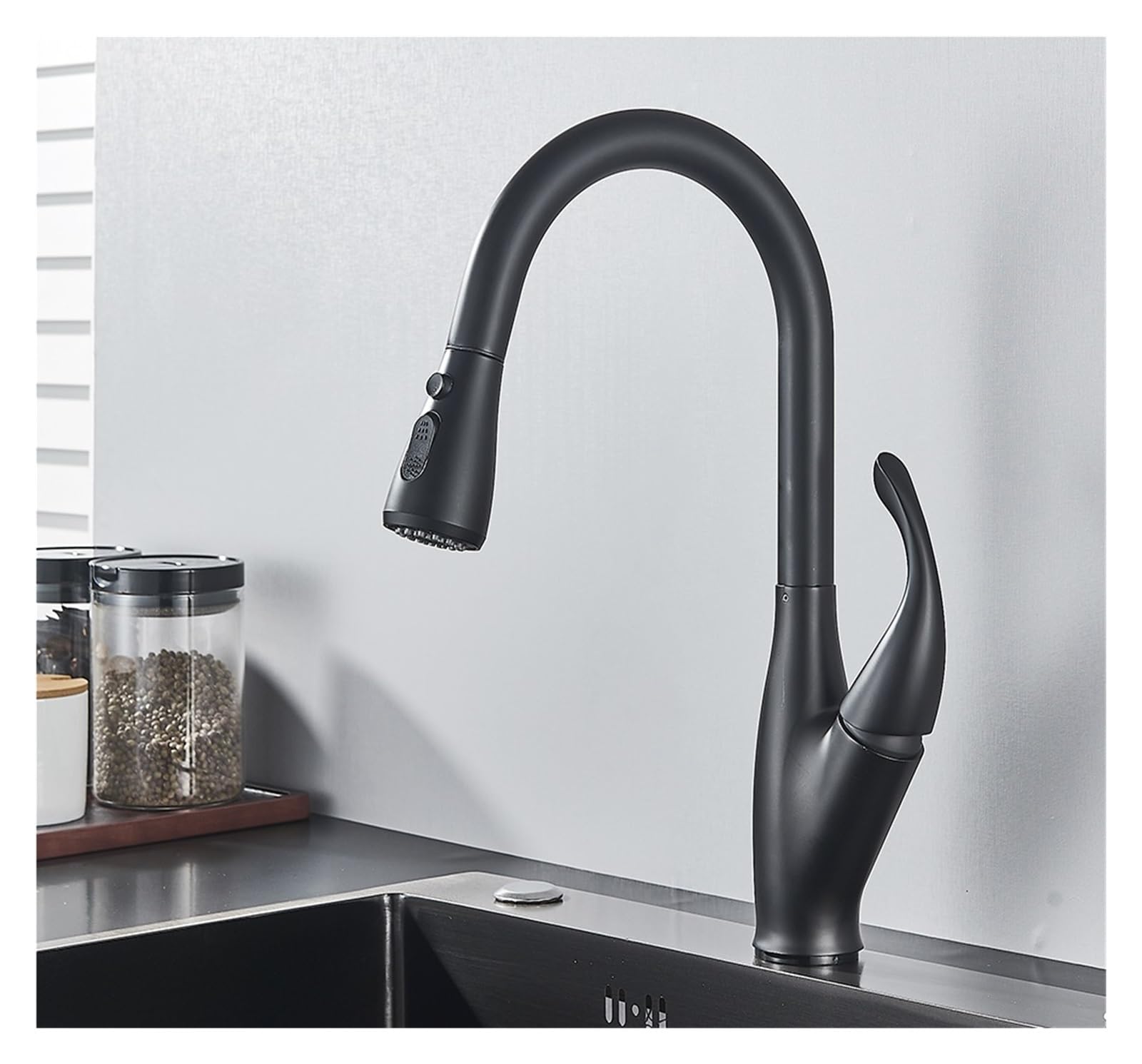 Robinet de cuisine extractible noir à douchette flexible et jet orientable à 360°