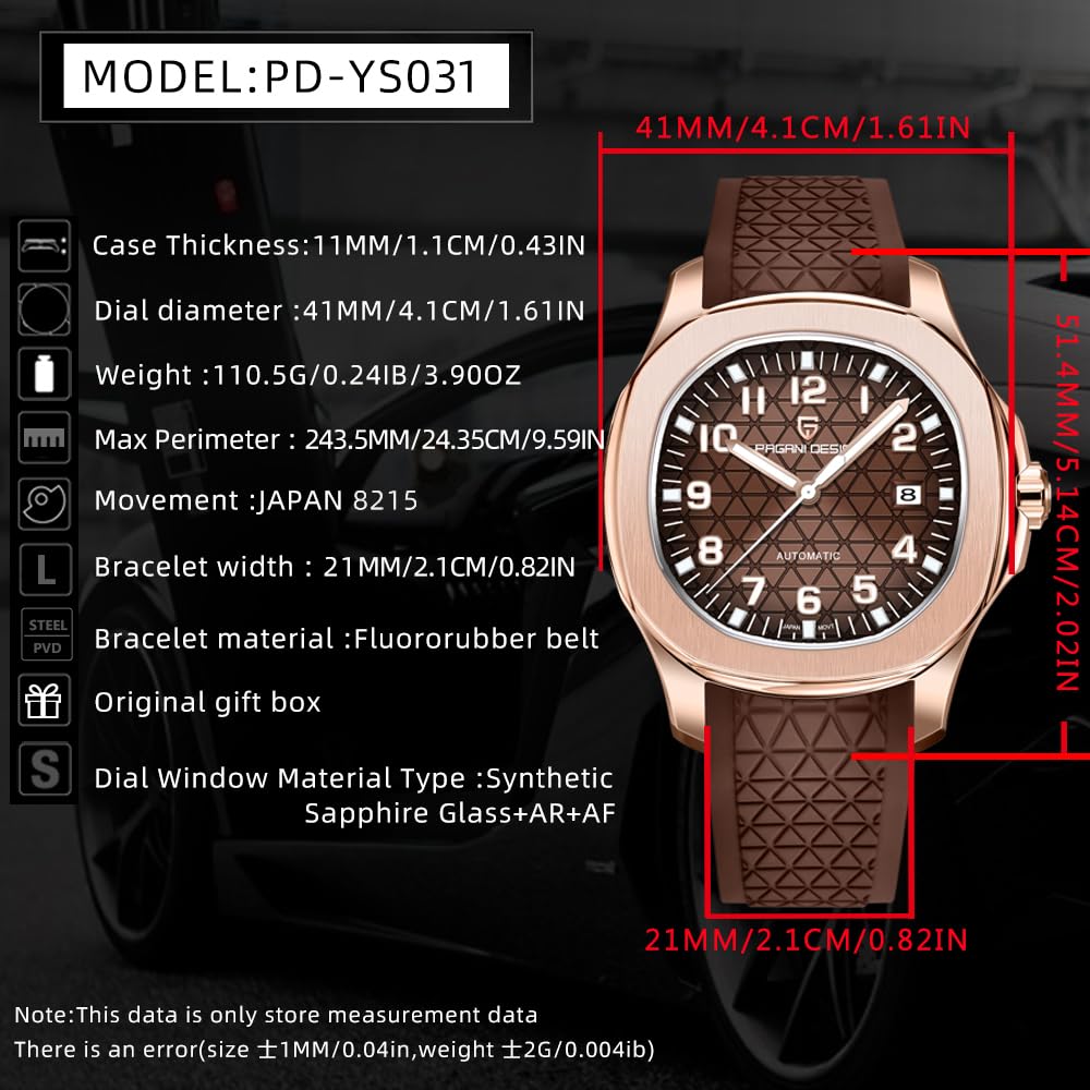 Pagani Design YS031 - Reloj automático de lujo para hombre, a cuadros, FKM, correa de caucho fluorado, cristal de zafiro, movimiento 8215, resistente al agua, 100 m, caja de acero inoxidable, hebilla