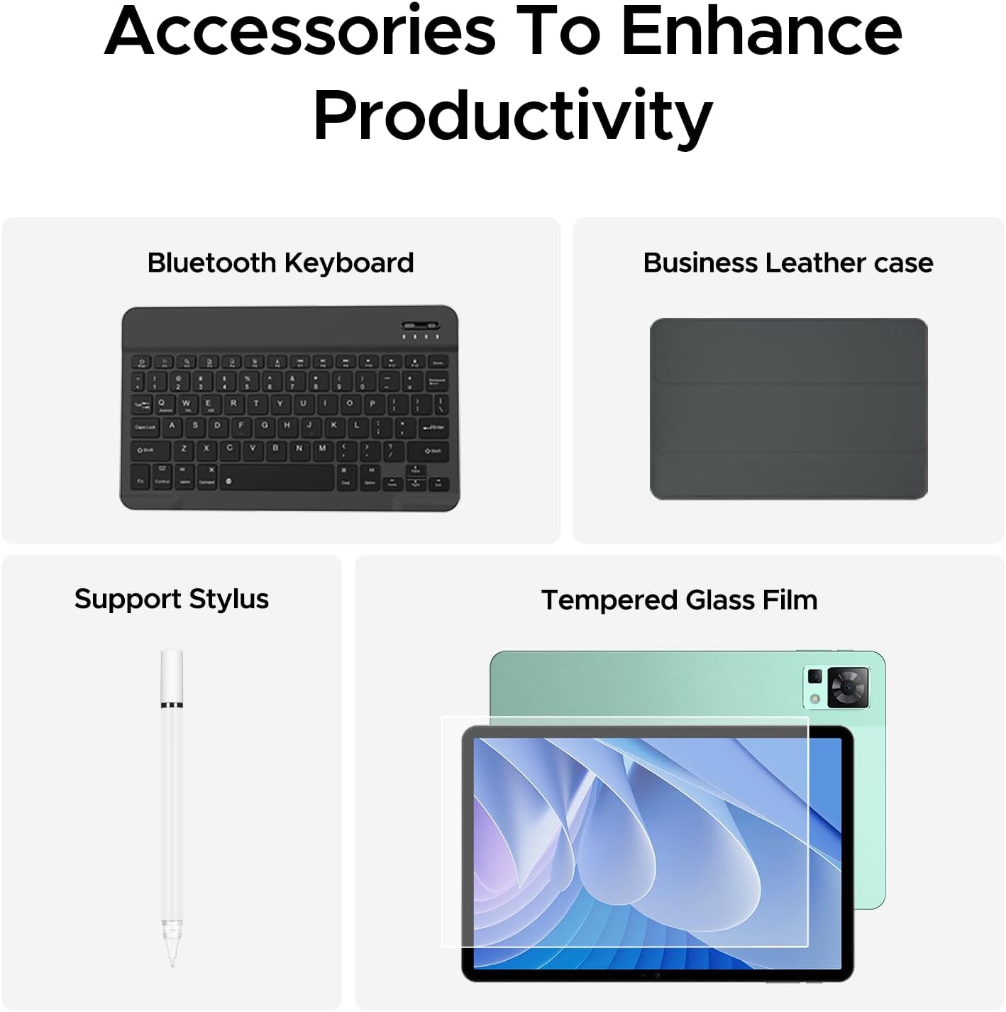 Image showing the DOOGEE T35 tablet with its Bluetooth keyboard, stylus, and protective case.