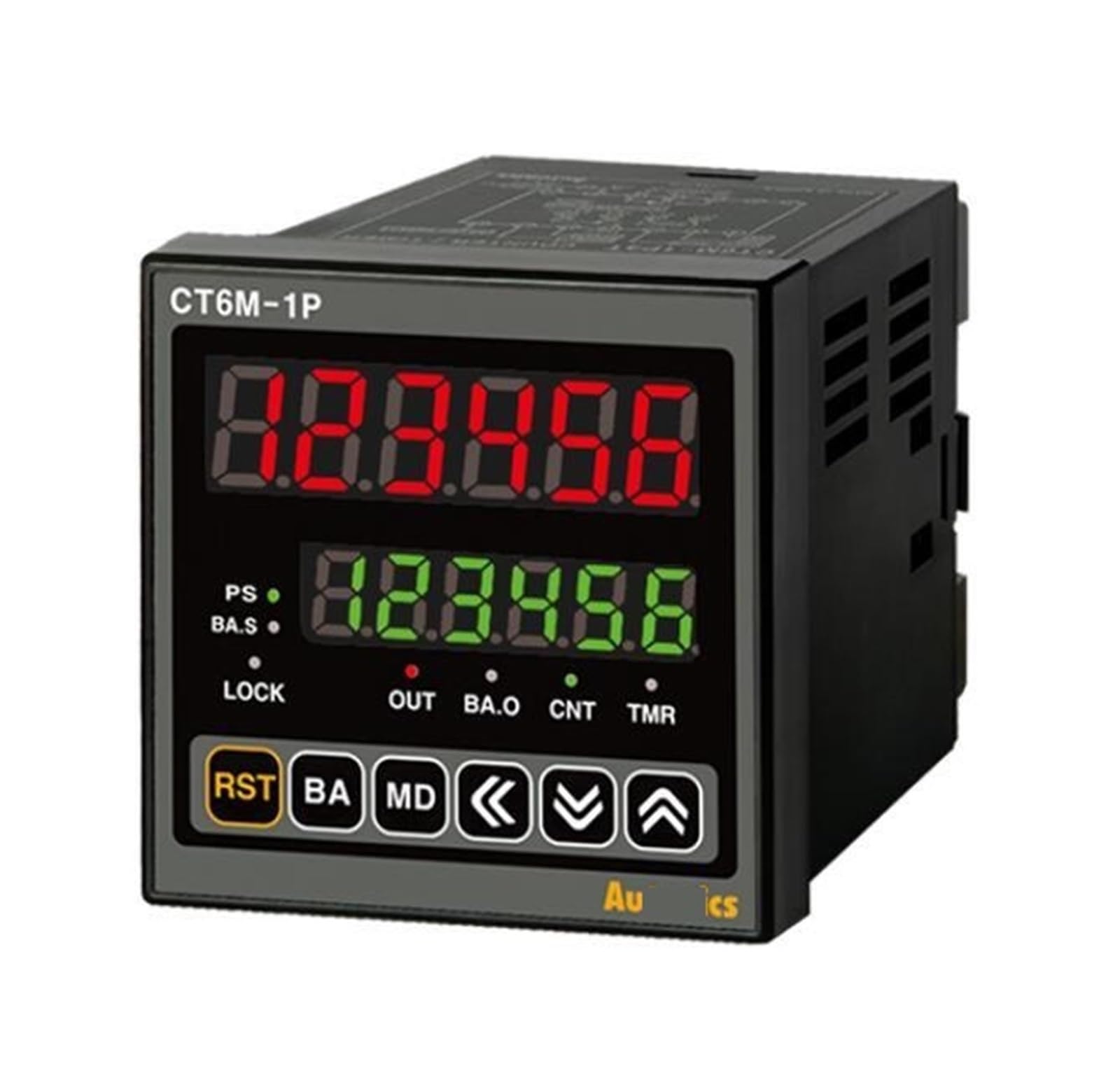 Contatore/timer CT6M-1P4T, L72xA72mm, 6 cifre, LED, 1 preimpostazione, ingresso PNP o NPN, impostazione valore prescale, batch, relè SPDT (1c) 250VA