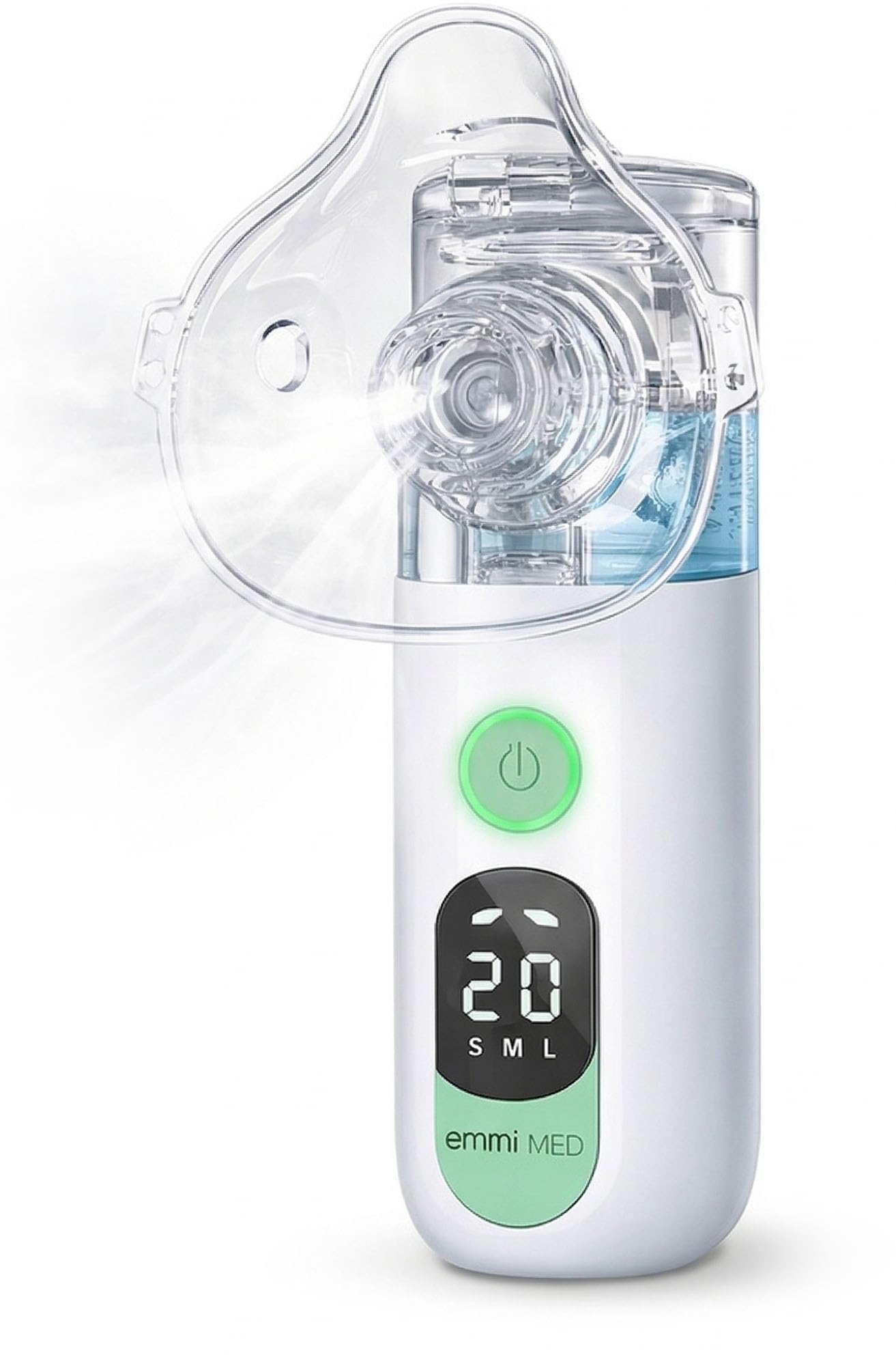 emmi MED - Inhalador para niños y adultos, pantalla LED, incluye 2 máscaras y 1 boquilla, función de limpieza automática, nebulizador, inhalador personalizable e ideal para viajes