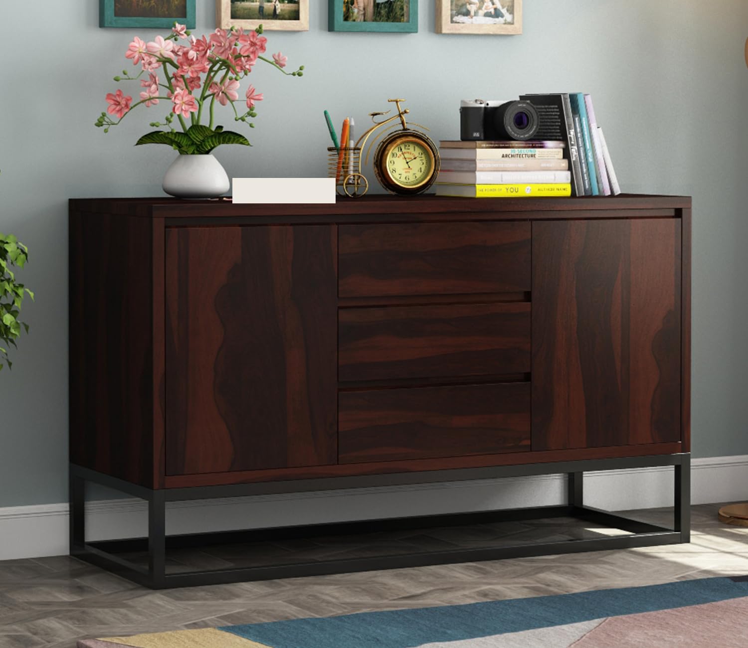 Solid Sheesham Wood Wooden Cabinet Sideboard with 3 Drawers and 2-Door Storage (Maisy, Walnut Finish)-image-35