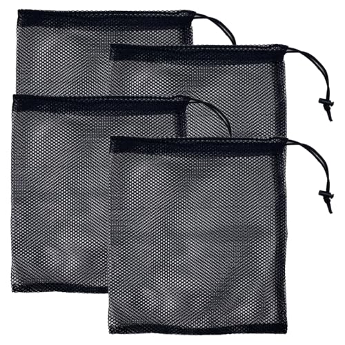 RANYAKE Paquete de 4 Bolsa de Malla,Bolsas de Almacenamiento con Cordón,Bolsa de Deporte de Malla,Bolsas de Mall-a de Nylon Negra,para Nadar,Bucear,Viajar,Acampar,Guardar