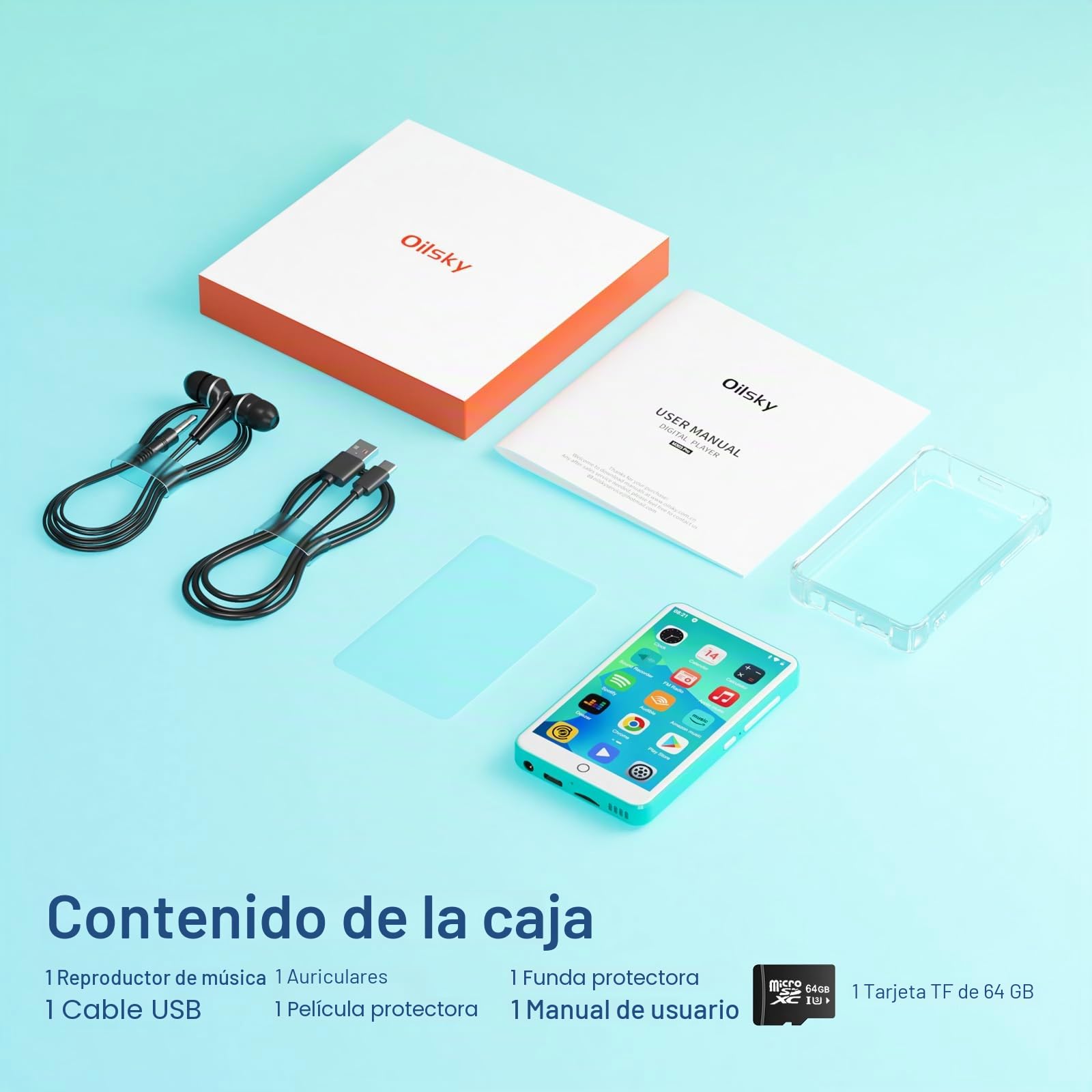 Reproductor de MP3 con Bluetooth y WiFi, Oilsky 80GB 4'' Android 9.0 Mp3, 1080P Pantalla táctil MP4, Reproductor de Música Portátil con Spotify, Audible, Deezer (Cian)