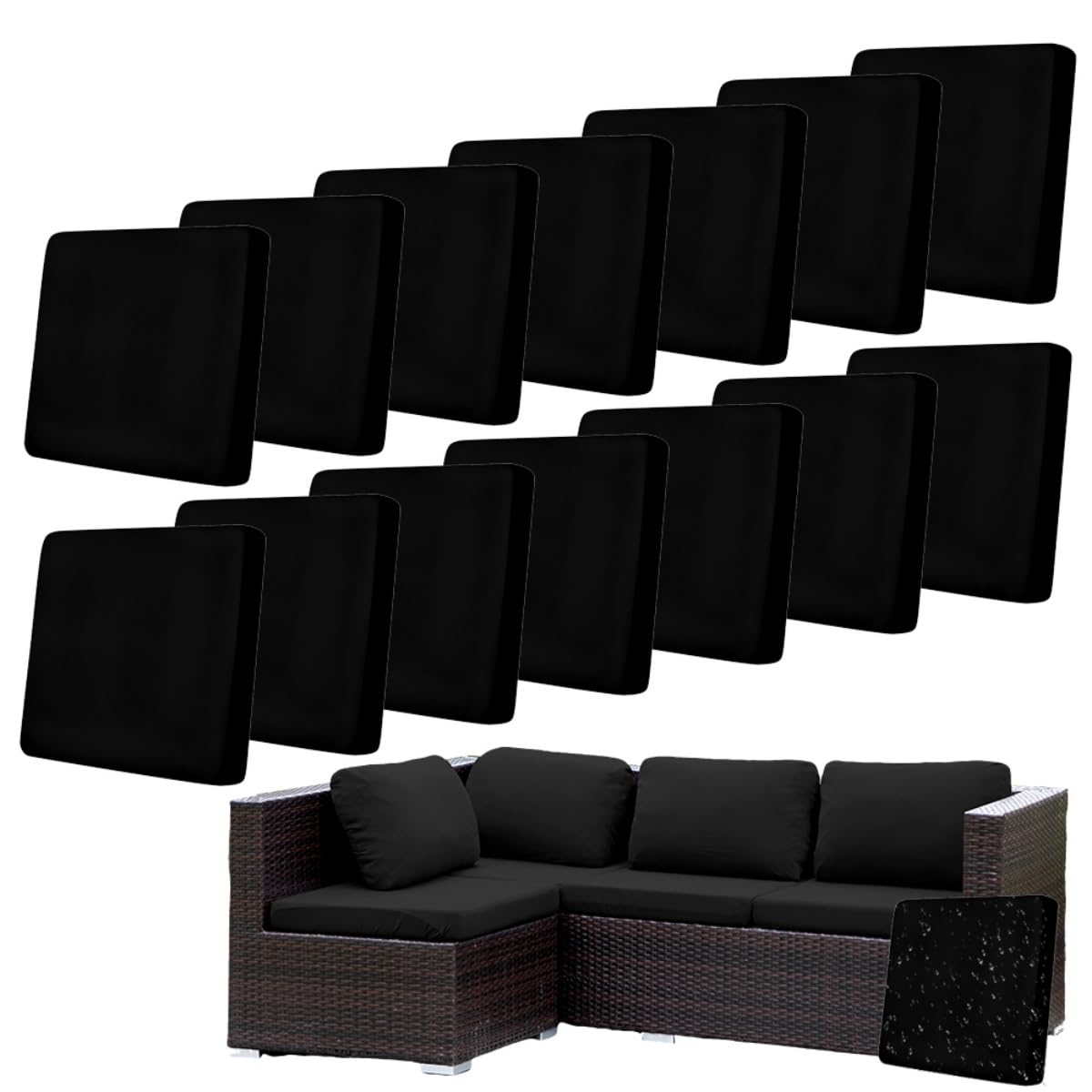 Hiseng Outdoor Cushion Covers Replacement 8/12 /14 PCS Water Resistant Patio Seat Cushion Covers for Garden Furniture Rattan Corner Sofa, Solid Color Soft Stretch Washable (Black,14 pcs)