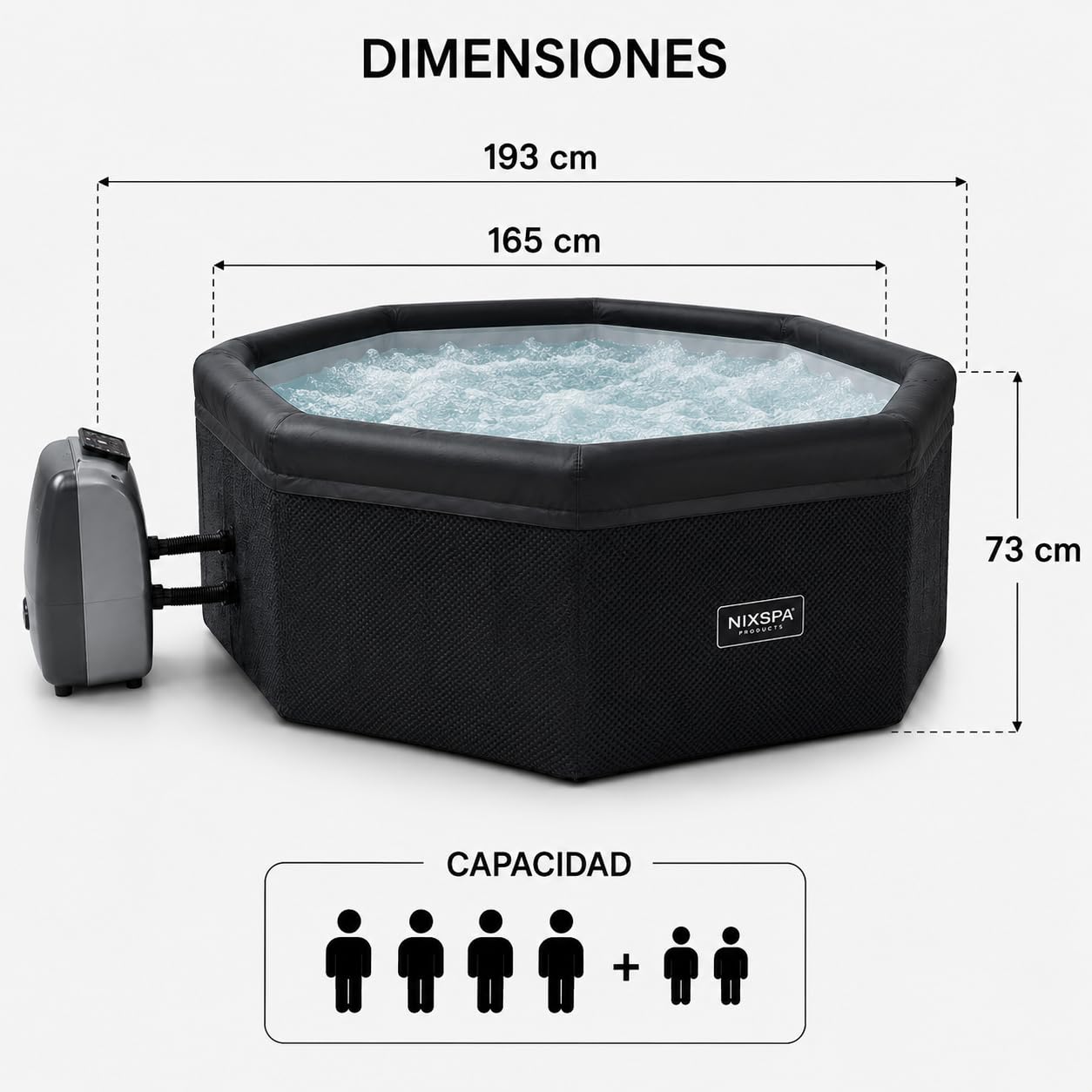 Nixspa SPA Exterior Hinchable semirrígido 5-6 Personas 193 x 193 x 73 cm con 100 chorros de Burbujas, Calentamiento hasta 42°C y filtración silenciosa