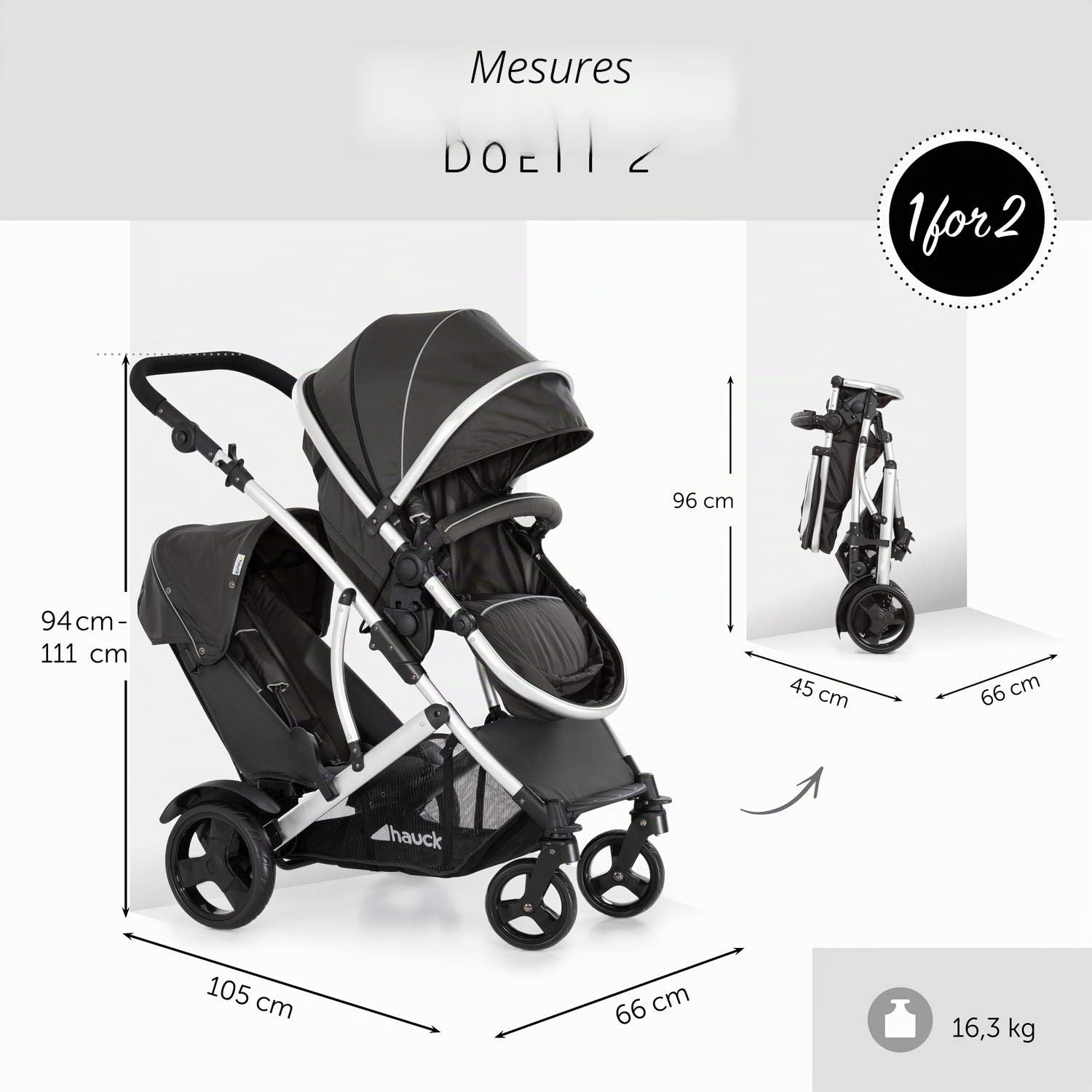 hauck Poussette Double Duett 2 Réversible Pliable Maxi 36 kg Inclus Habillage Pluie Forest Noir