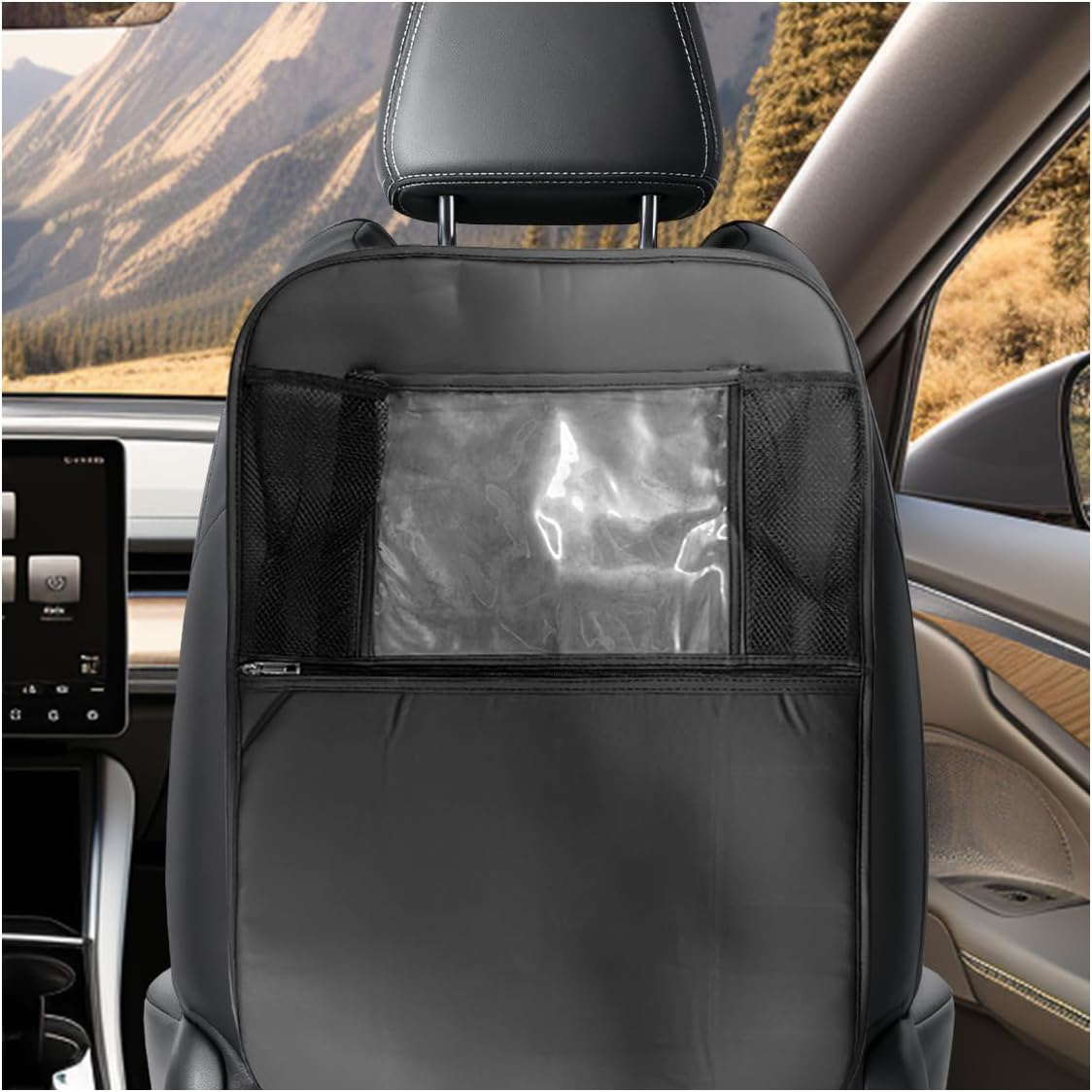 Car Kick Mats Back Seat Protector, Multifunctional Leather Car Rear Seat Hanging Storage Bag, Easy-to-Clean Auto Interior Backseat Organizer Accessory for SUVs, Trucks, Cars (Black)