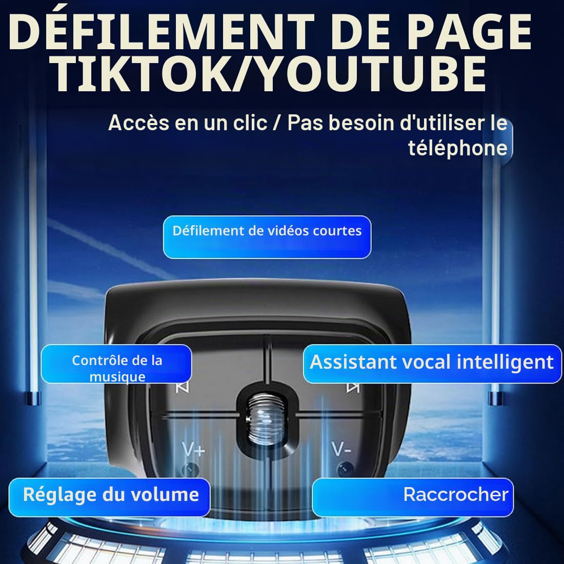 Télécommande Bluetooth, télécommande médias, contrôle de défilement TikTok, contrôleur de Musique, pour Voiture Moto vélo, Bouton intégré au Volant, Batterie Rechargeable, Compatible iPhone Android.