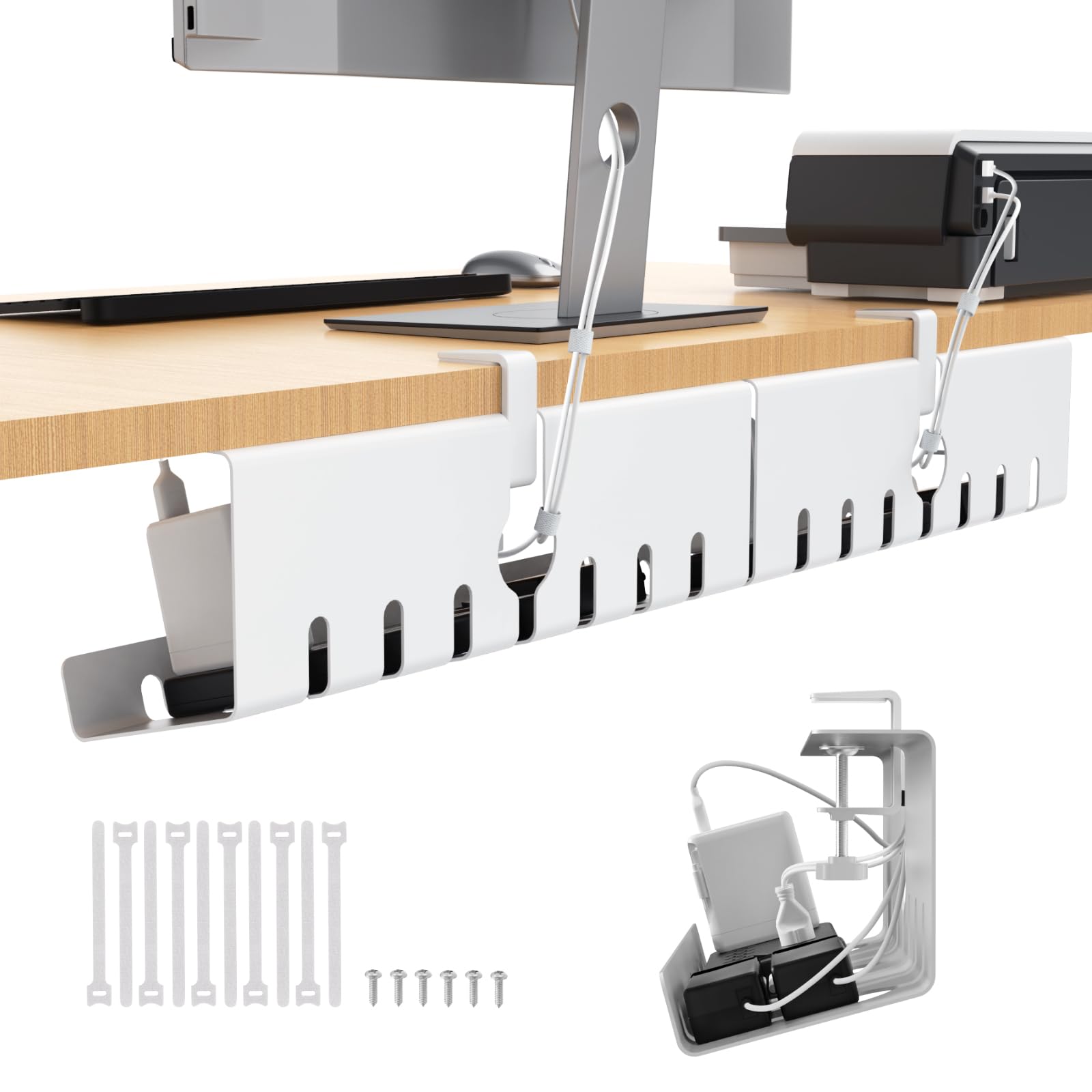 Syeeiex Kabelkanal Schreibtisch Ohne Bohren, 86 cm Kabelmanagement Weiß | Klemme-/Schraubmontage Kabelmanagement Schreibtisch, Stahl Kabelwanne Flexibel Oganizer, Geräumige für Büro Zuhause, 2er Set