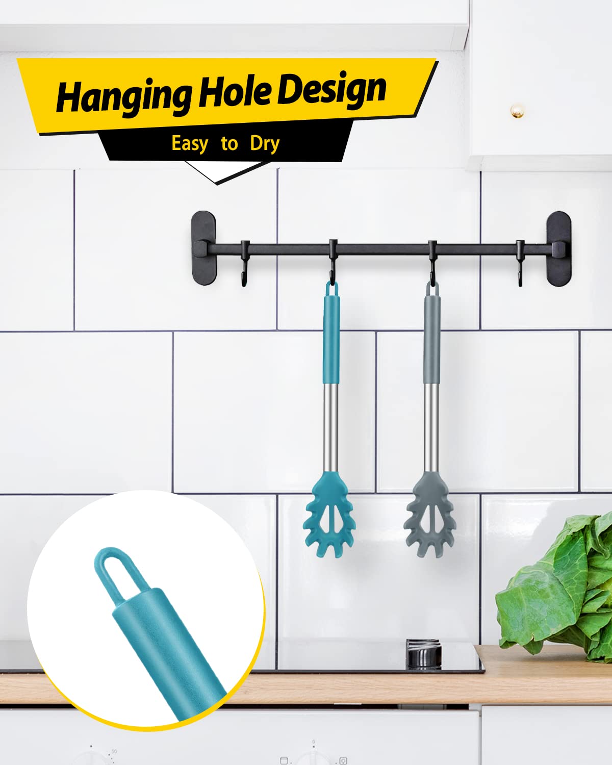 Confezione da 2 forchette per pasta in silicone, resistenti al calore, senza BPA, ottimi strumenti di cottura (grigio-blu)
