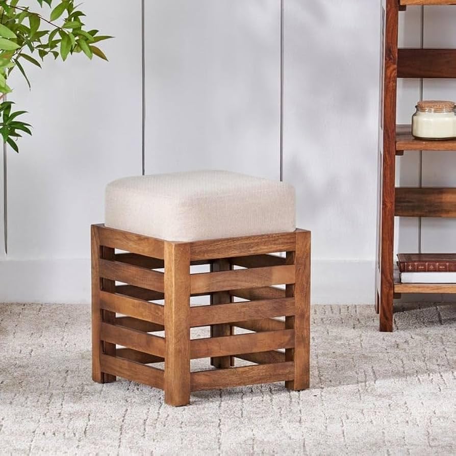 Solid Wood Stool with Cushion for Living Room & Bedroom – Multipurpose Wooden Puffy for Sitting, Dressing Table & Footrest – Honey Finish Square Ottoman for Home.-image-20