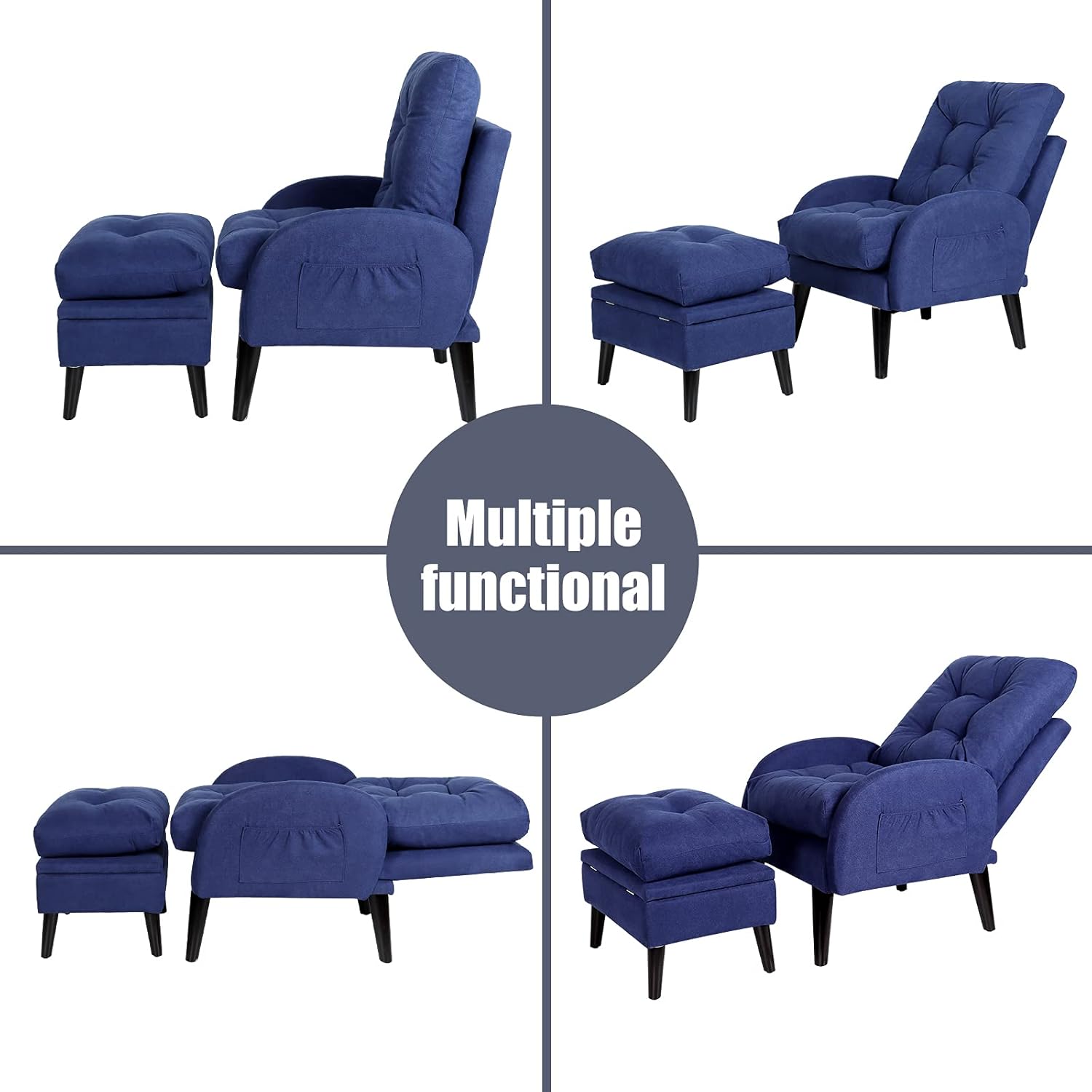 ELUCHANG Accent Chair with Ottoman Storage,Comfort Armchair with Adjustable Backrest and Side Pocket,Fabric Sofa Chair for Living Room Bedroom Office Lounge : Home & Kitchen