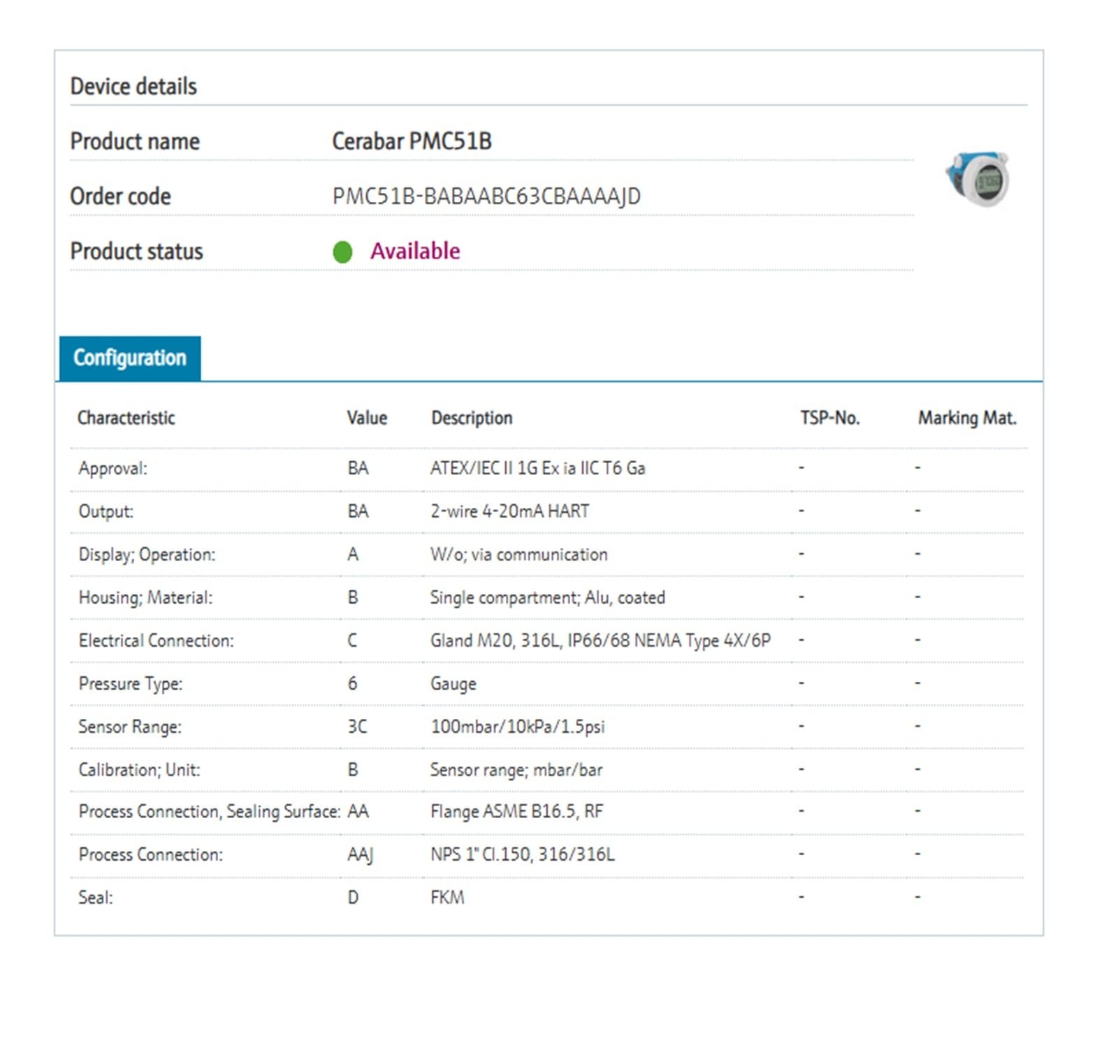 EVPZPLKMGT Pressure Transmitter with Ceramic Membrane, PMC51B-BABAABC63CBAAAAJD
