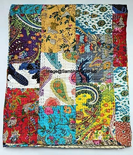 Queen/Twin/King Mullti Mix Floral Patchwork Print Throw Reversible Blanket Indian Kantha Quilts Ethnic Stitched Bedcover Bohemian Floral Print Kantha Comforter Quilting Kantha (60X90 inches)
