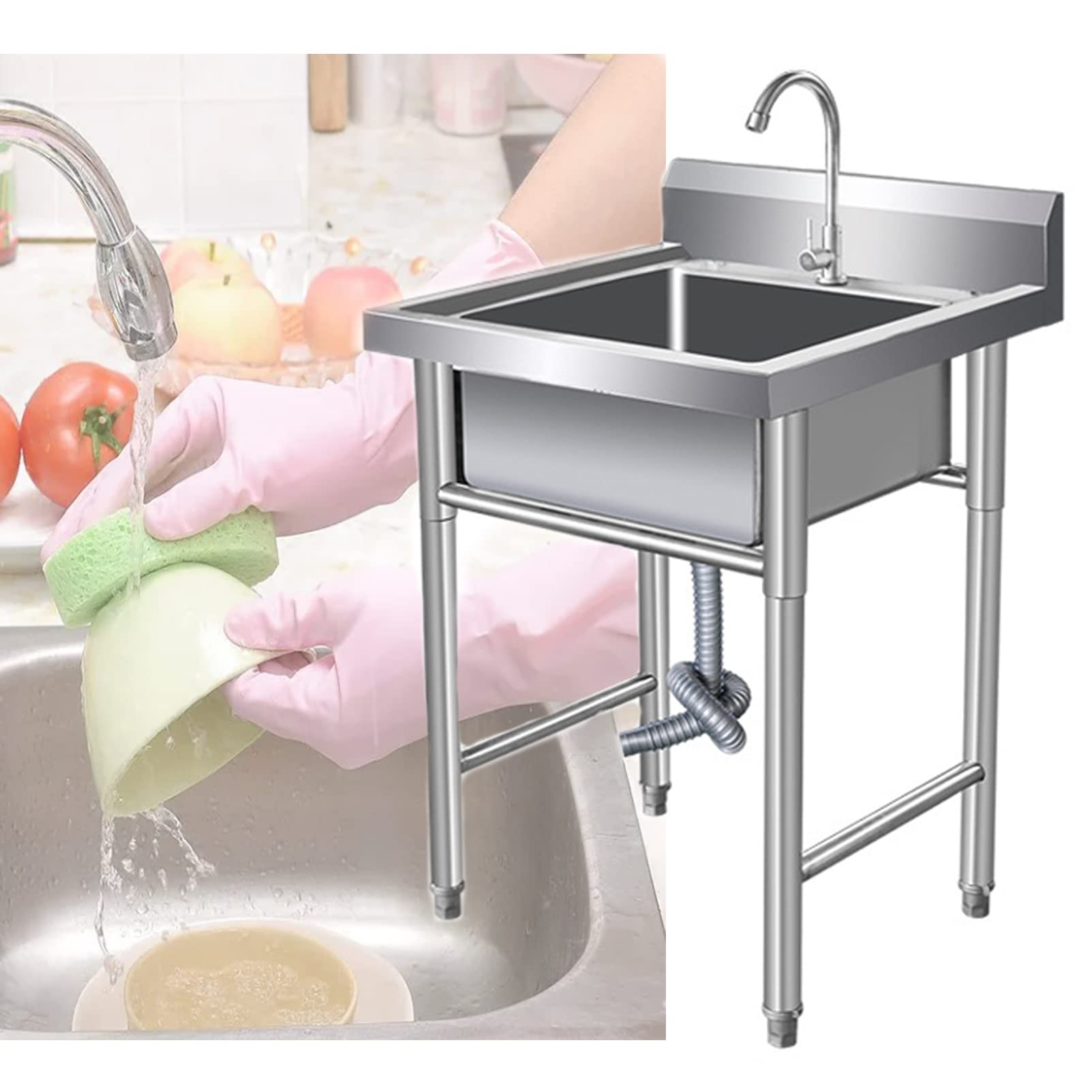 ZQFHSX 304 Stainless Steel Kitchen Sink Handmade 1 Compartment Utility Catering Unit for Bar Restaurant Indoor Outdoor (50cm/60cm)