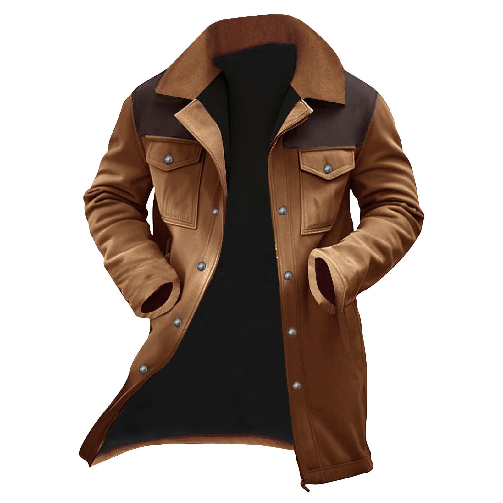 Giacca invernale da uomo, lunga, con bottoni e tasche | Giacca in pelle scamosciata patchwork, colletto a risvolto, cerniera, giacca per le mezze stagioni, con bottoni