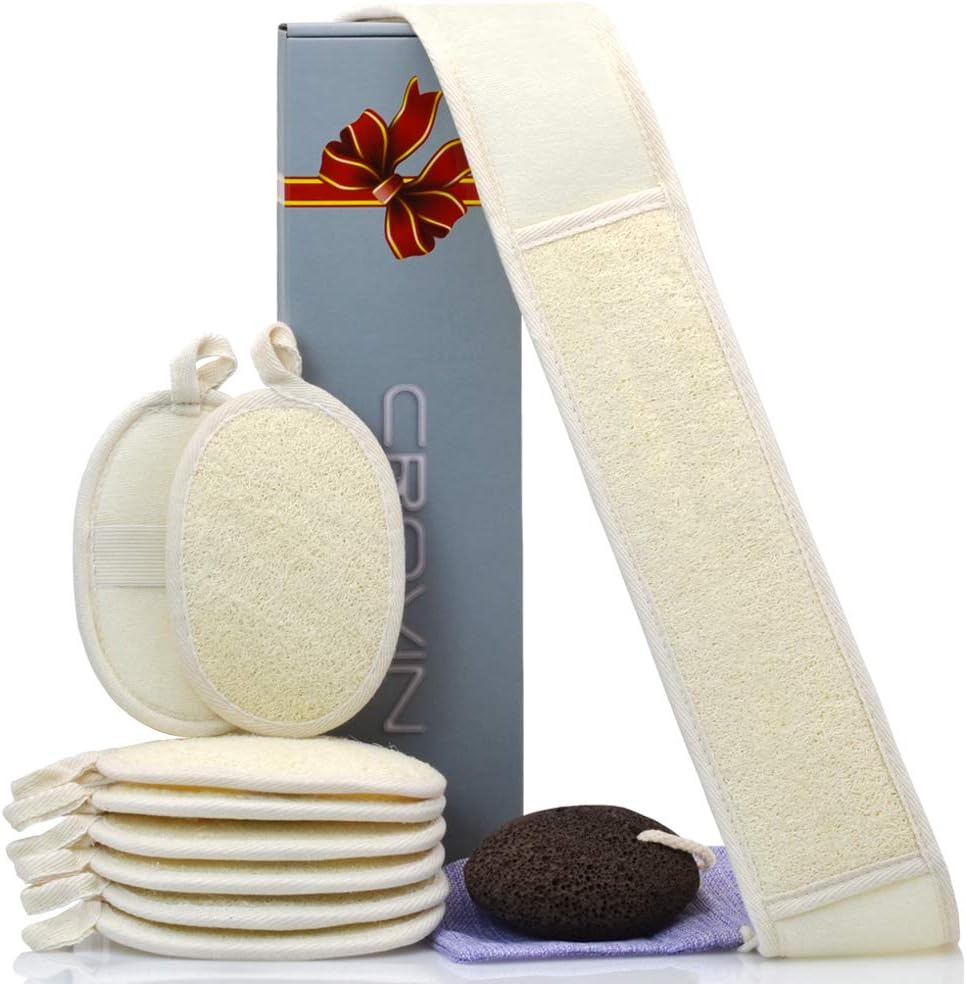 Crovin Exfoliating Loofah Pads 8 PACKS + 2 FREE (Loofah Back Scrubber and Foot Pumices) - Natural Luffa Sponge Brush Close Skin For Men and Women When Bath Spa and Shower