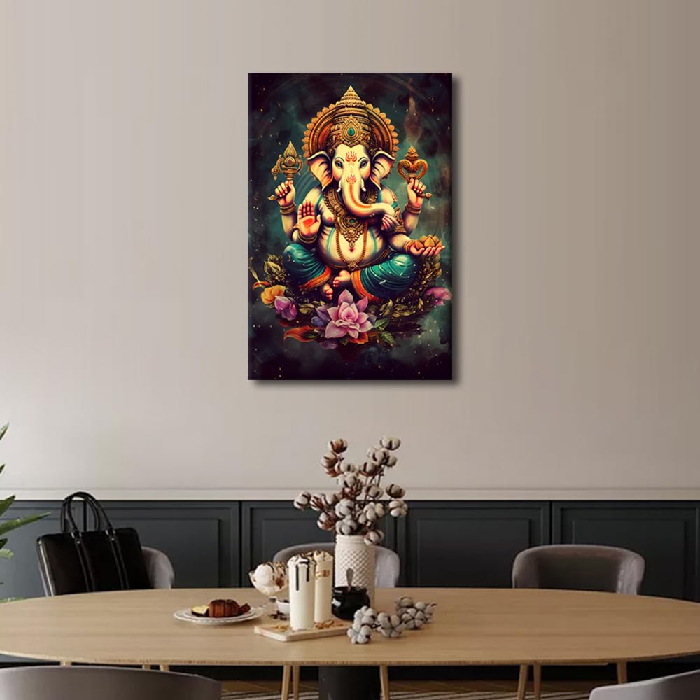 TISHIRON Hindu Lord Ganesha Wall Art for Living Room Hindu God Wall Decor India Religious Framed Wall Painting Canvas Prints Pictures House Decoration for Bedroom Modern Artwork Office 24x16 in - Image 2