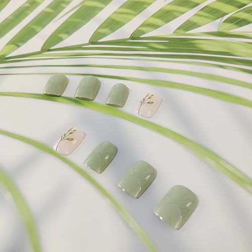 Miniatura 4 de 24 uñas cuadradas a presión, uñas postizas cortas, uñas acrílicas con pegamento, uñas postizas de hoja verde menta con diseño, puntas de uñas
