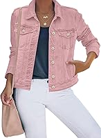 luvamia Women's Stretchy Button Down Denim Jean Jacket - Fitted Long Sleeve Trucker with Pockets for Casual Outfits