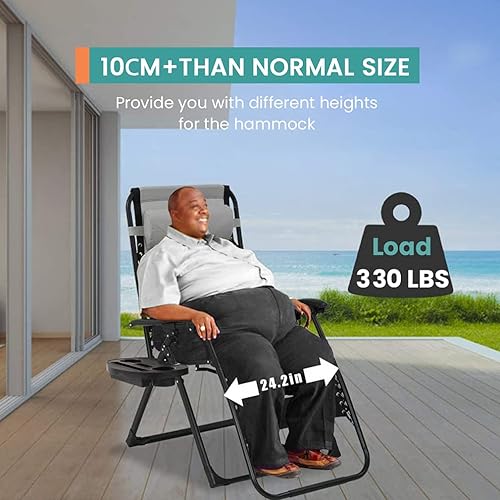 Vista 8 de FDW Silla acolchada de gravedad cero de gran tamaño, sillón reclinable para patio al aire libre con portavasos ajustable para patio, piscina, Gris