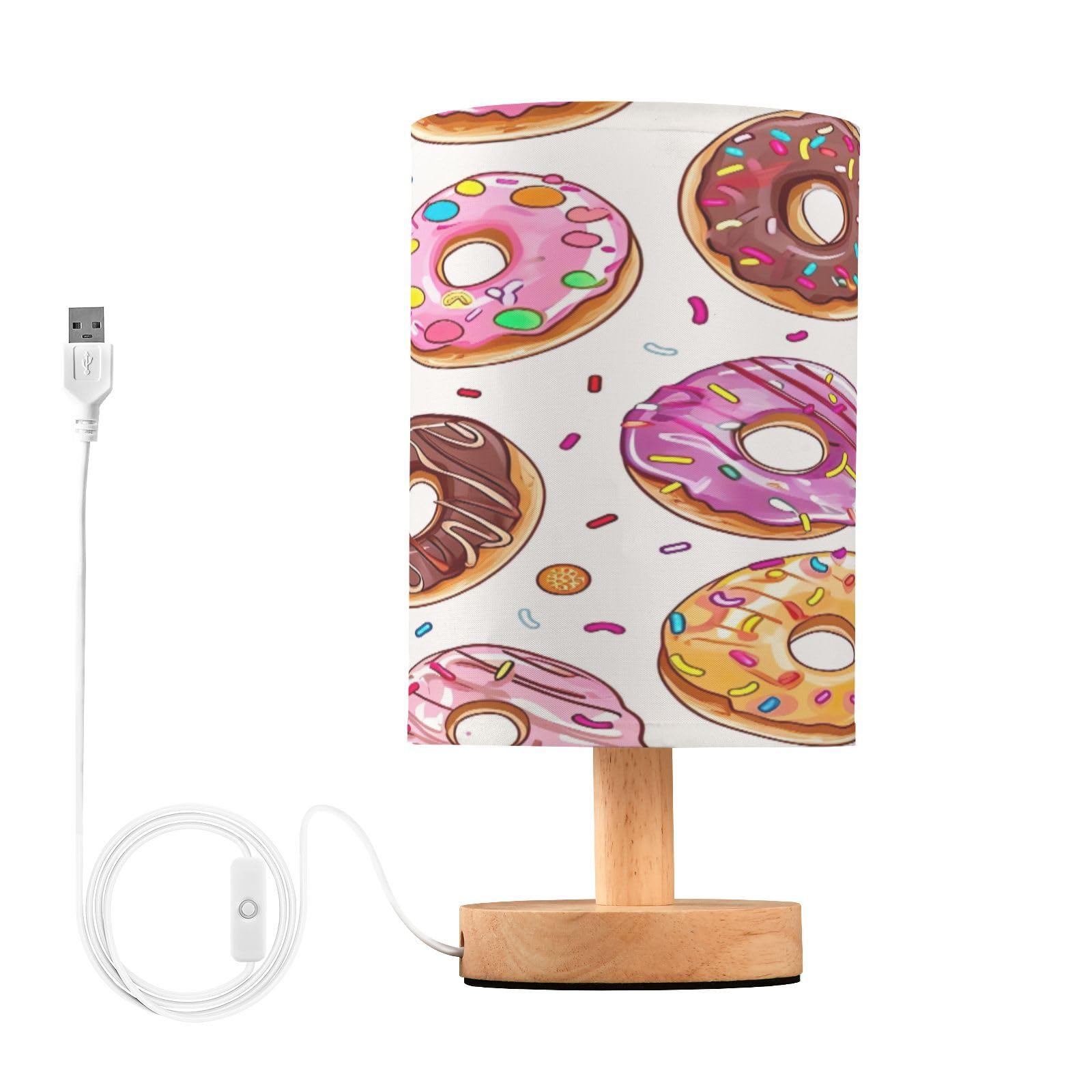 SDMKA Donuts Pattern Bedside Table Lamp for Bedroom, Minimalist Nightstand Lamp with Round Fabric Shade for Living Room, Office, No Bulb Required