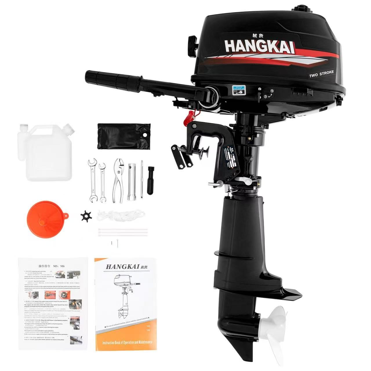 HANGKAI 2-suwowy silnik benzynowy 6 KM, silnik zaburtowy, silnik łodzi z zapłonem CDI i kierownicą 360°, ręczny start i chłodzenie wodą, silnik Heavy Duty do łodzi wędkarskich, pontonów, pojemność
