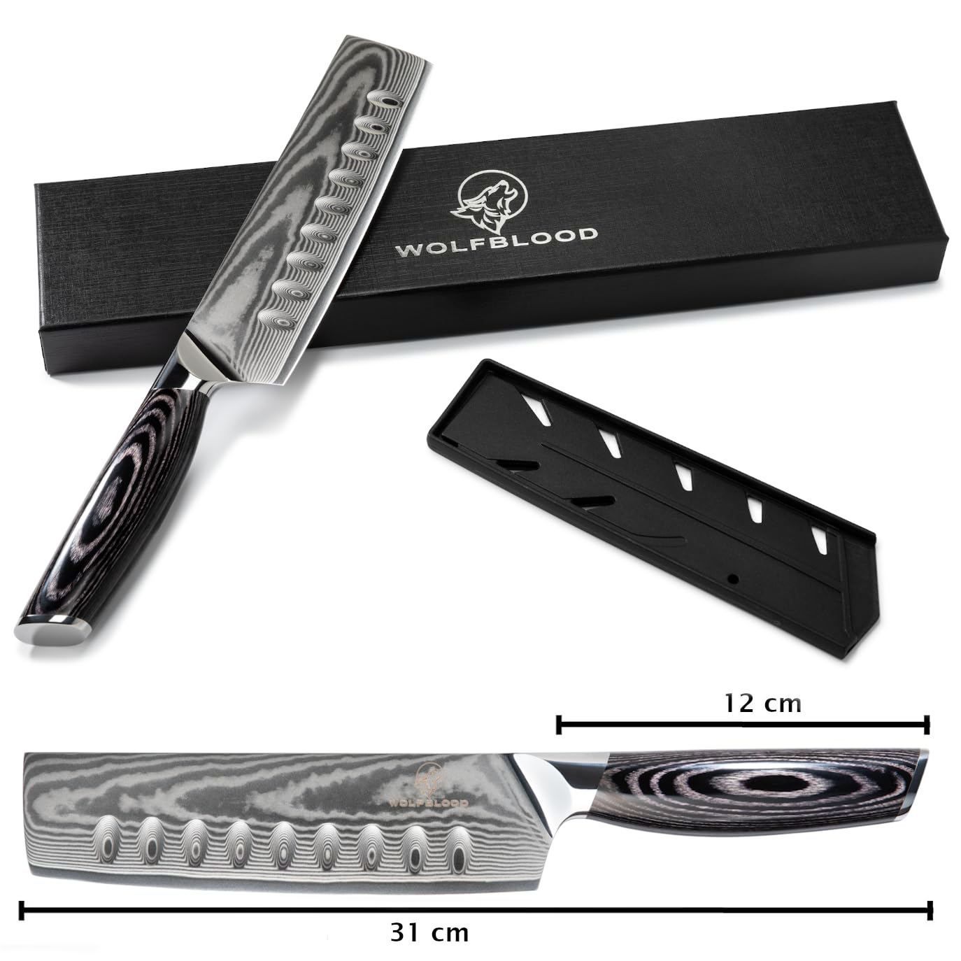 Wolfblood PRO Damastmesser Nakirimesser XL (31cm) TÜV geprüfter 62 HRC Damaststahl aus 67 Lagen I Damast-Küchenmesser Hackmesser mit Holzgriff Geschenkbox und Klingenschutz