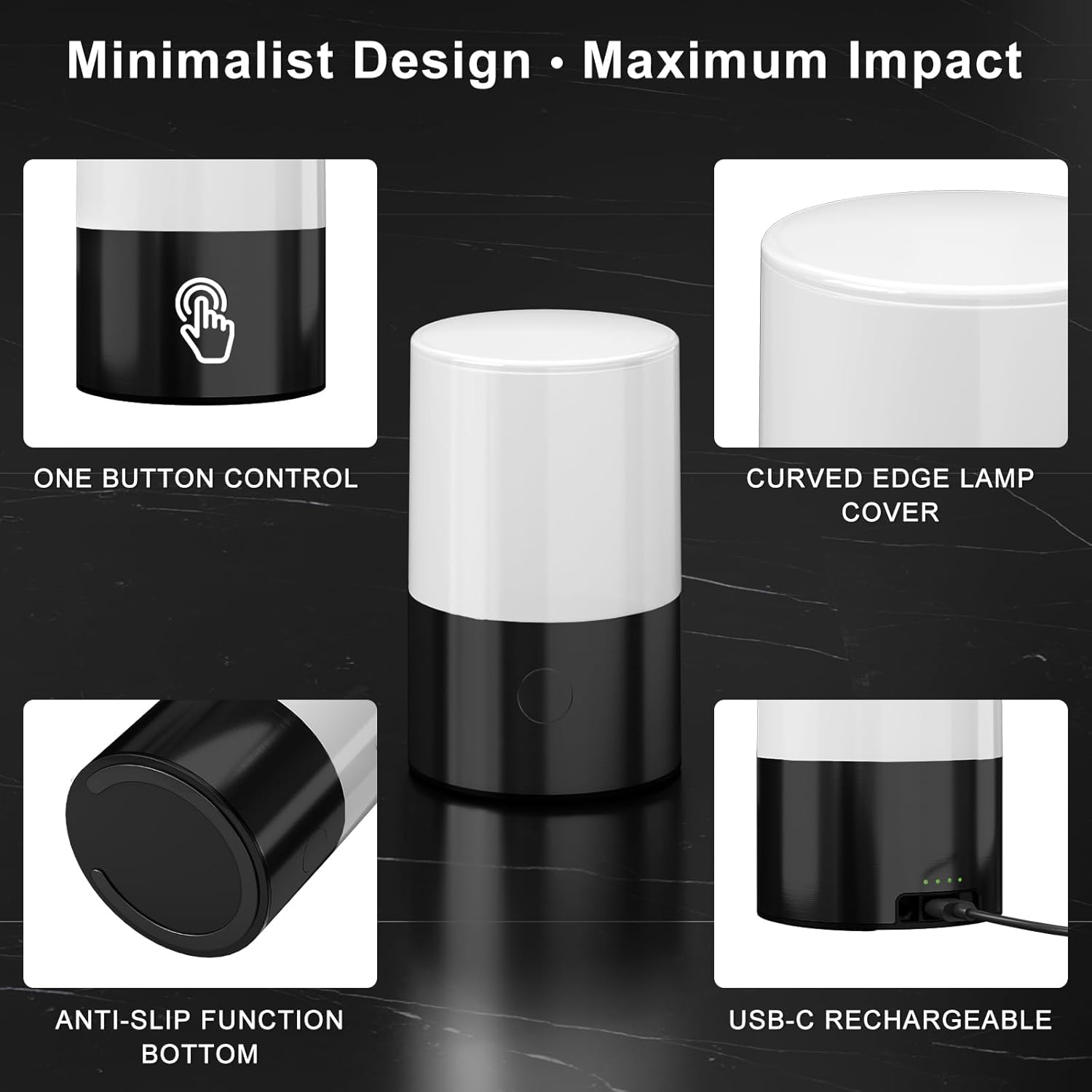 Small Lighted Table Lamp - Rechargeable, Portable, Up to 20-Hour Battery Life, 10 Brightness Levels, Auto-Off Timer, Waterproof, Warm Light for Bedside, Travel, Camping & Décor-Matte Black