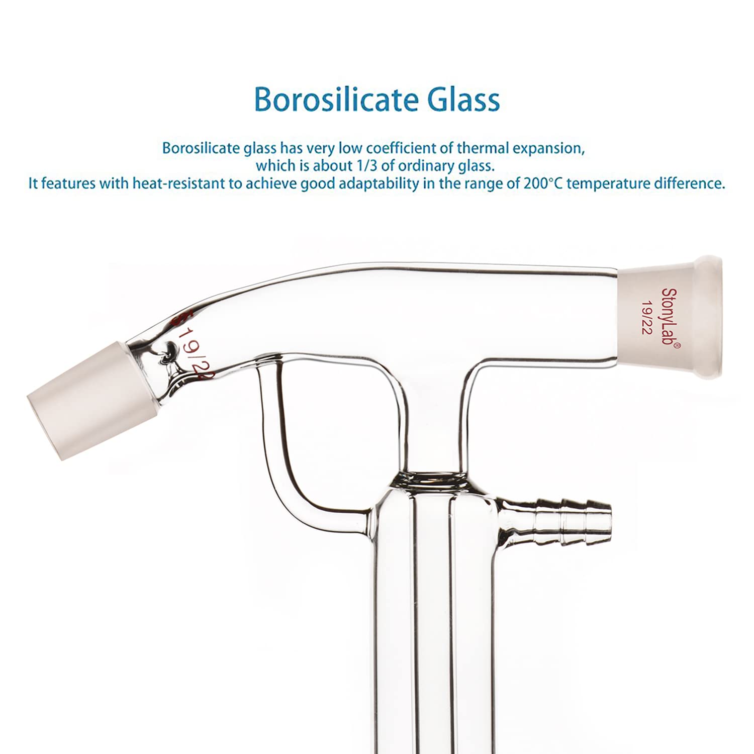 stonylab Cabeza de Destilación de Vidrio de Camino Corto, Vidrio Borosilicato Short Path Aparato de Destilación con Joint 19/22 y Mangueras, para Laboratorio