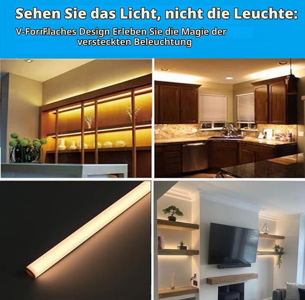 Cefrank V-förmige LED Unterbauleuchte Küche 8er Set 1600 lm 3000K Warmweiß | 30cm Aluminium LED Leiste für Vitrine Regal Schrank, gemütliche indirekte Beleuchtung mit EU Stecker oder Festverdrahtung