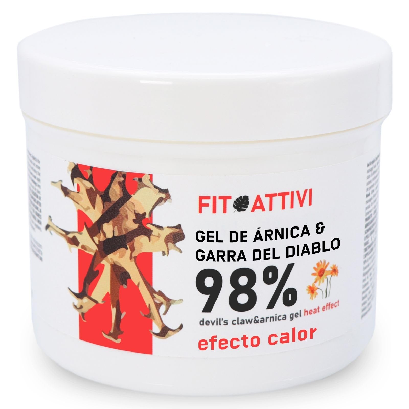 FITOATTIVI - Gel de Garra del Diablo 98% Efecto Calentador 550 ml con Árnica, Vitamina E y Alcanfor, Dolor Articular, Muscular y Contusión, Ingredientes BIO