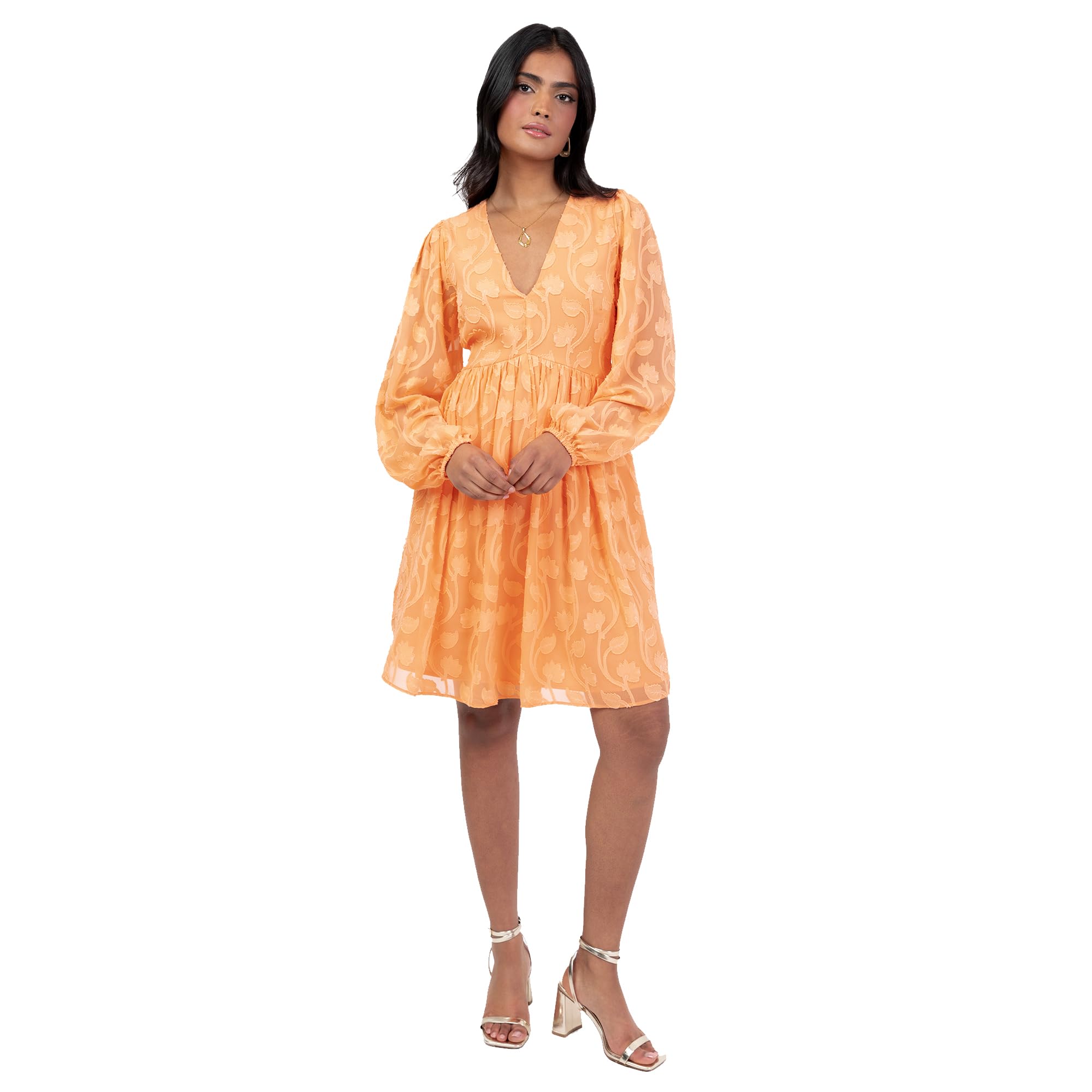 Lovedrobe Long Sleeve Floral Burn Out Mini Dress - V-Neck - Empire Waist - Orange - Size 24