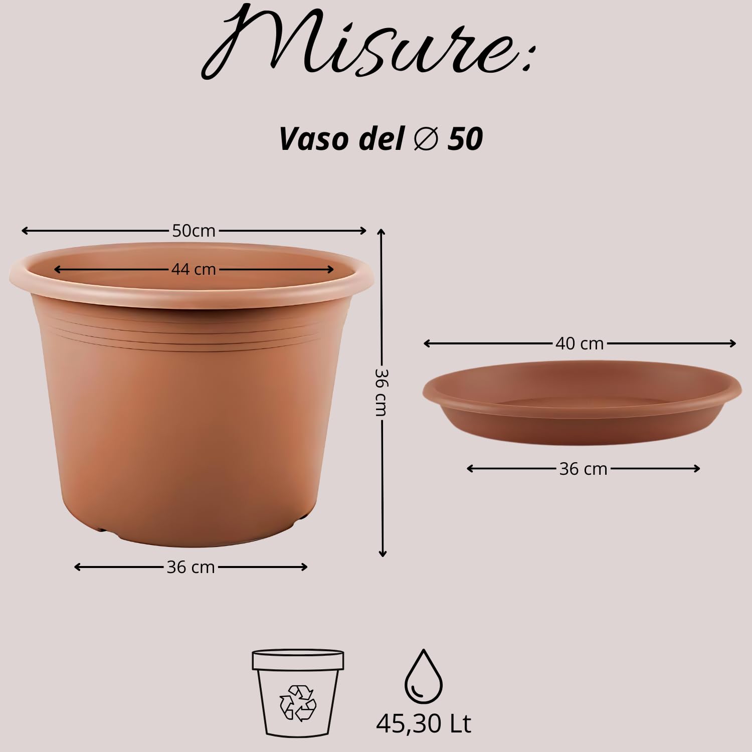 Tomaino - Vaso Per Piante Da Esterno In Plastica, Set Vaso e Sottovaso Varie Misure Per Interno, Casa, Balcone, Orchidea, Avocado, Giardino, Ufficio (Ø 50 cm)