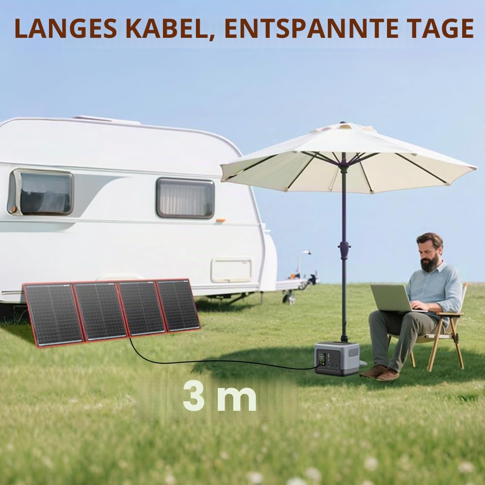 DOKIO Solarpanel Faltbar 200W 18V Kit Monokristalline mit Solar Ladegerät LCD Anzeige 2 USB Ausgang Kabel für 12V Kfz Batterie