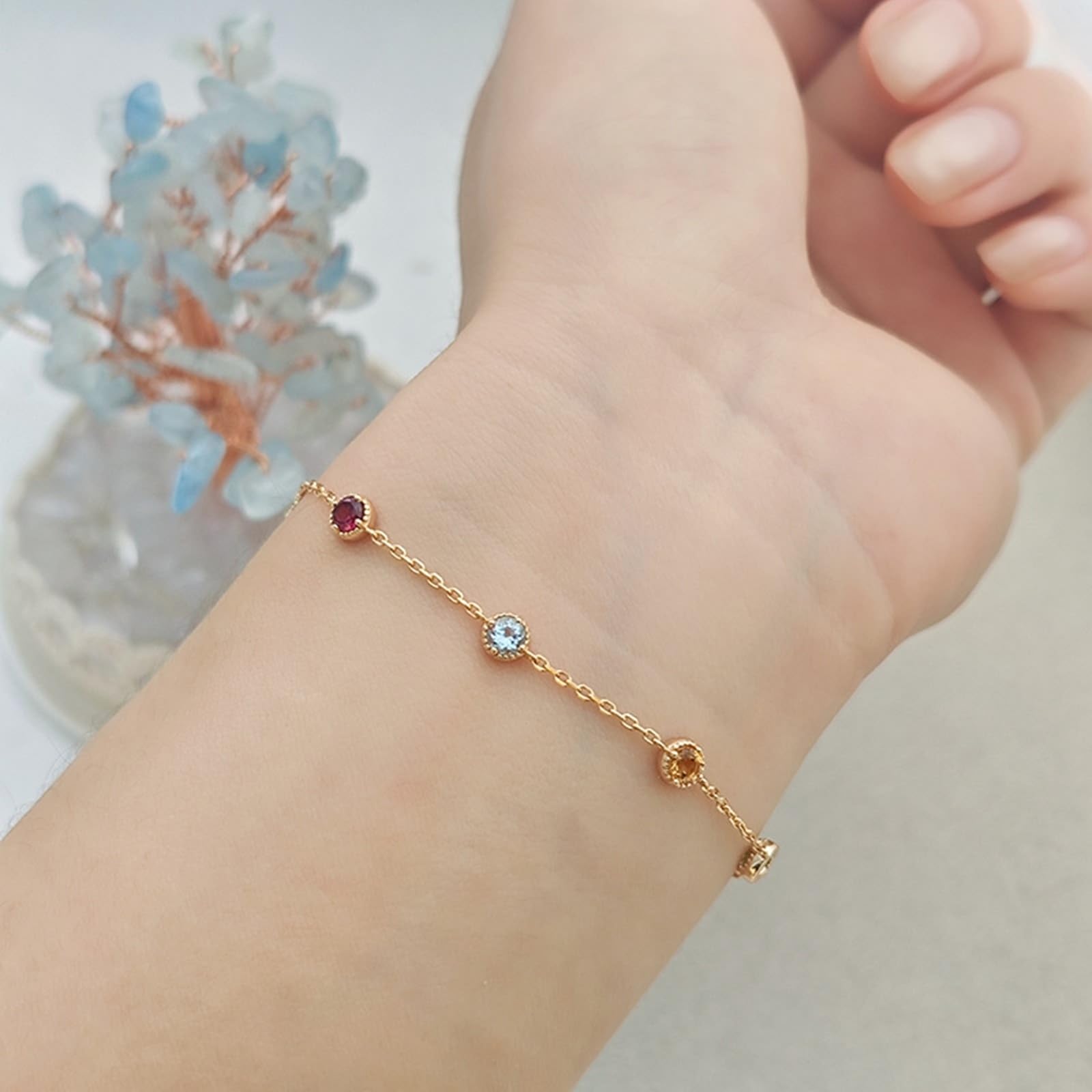 Armband 9K/14K/18K Gold Echtschmuck mit Bunt Edelstein Zart Kette