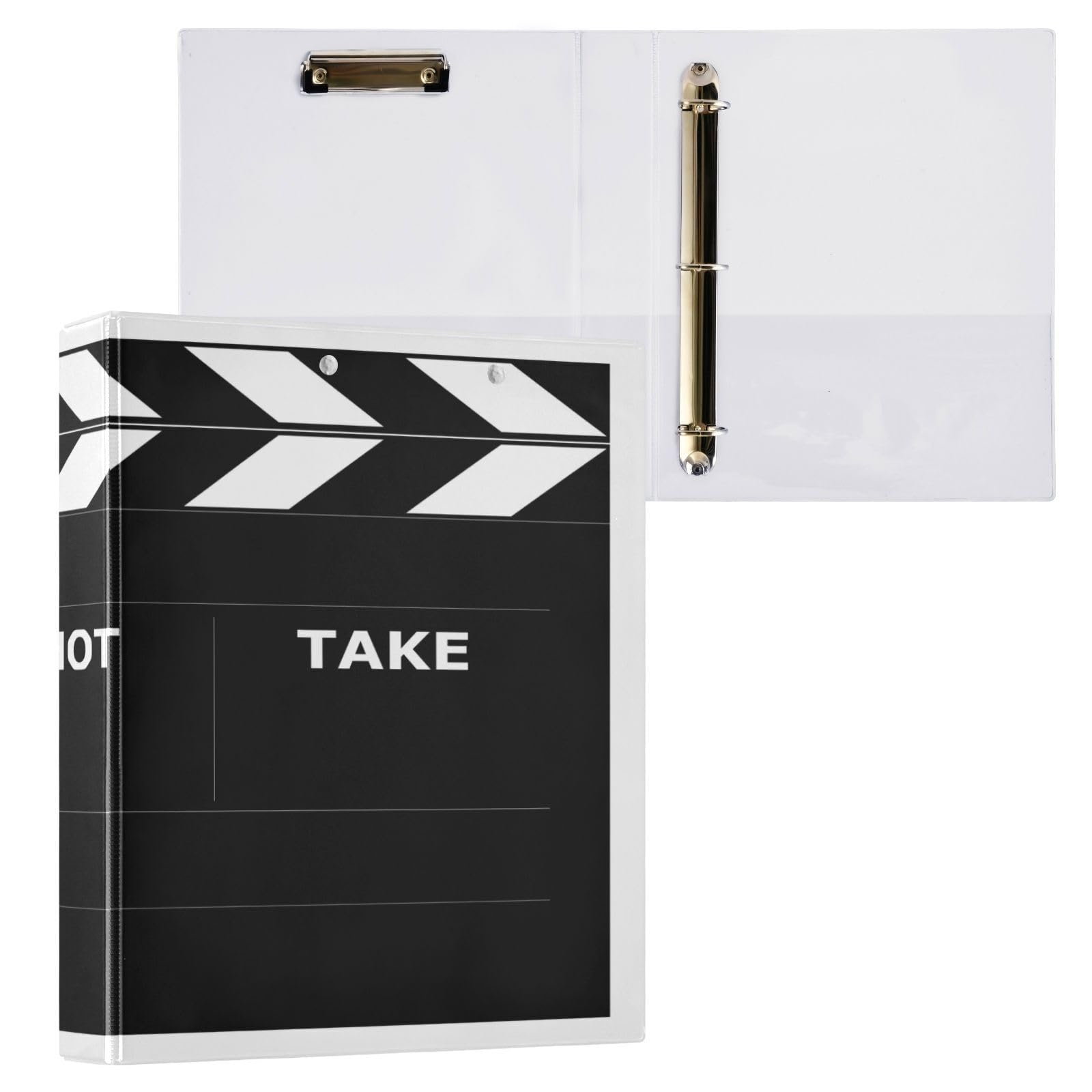 YETTASBIN Movie Clapboard 3 Round Ring Binders with 3 Interior PVC Clear Pockets, Waterproof Durable Basic Binders with Anti-Slip Metal Clip,
