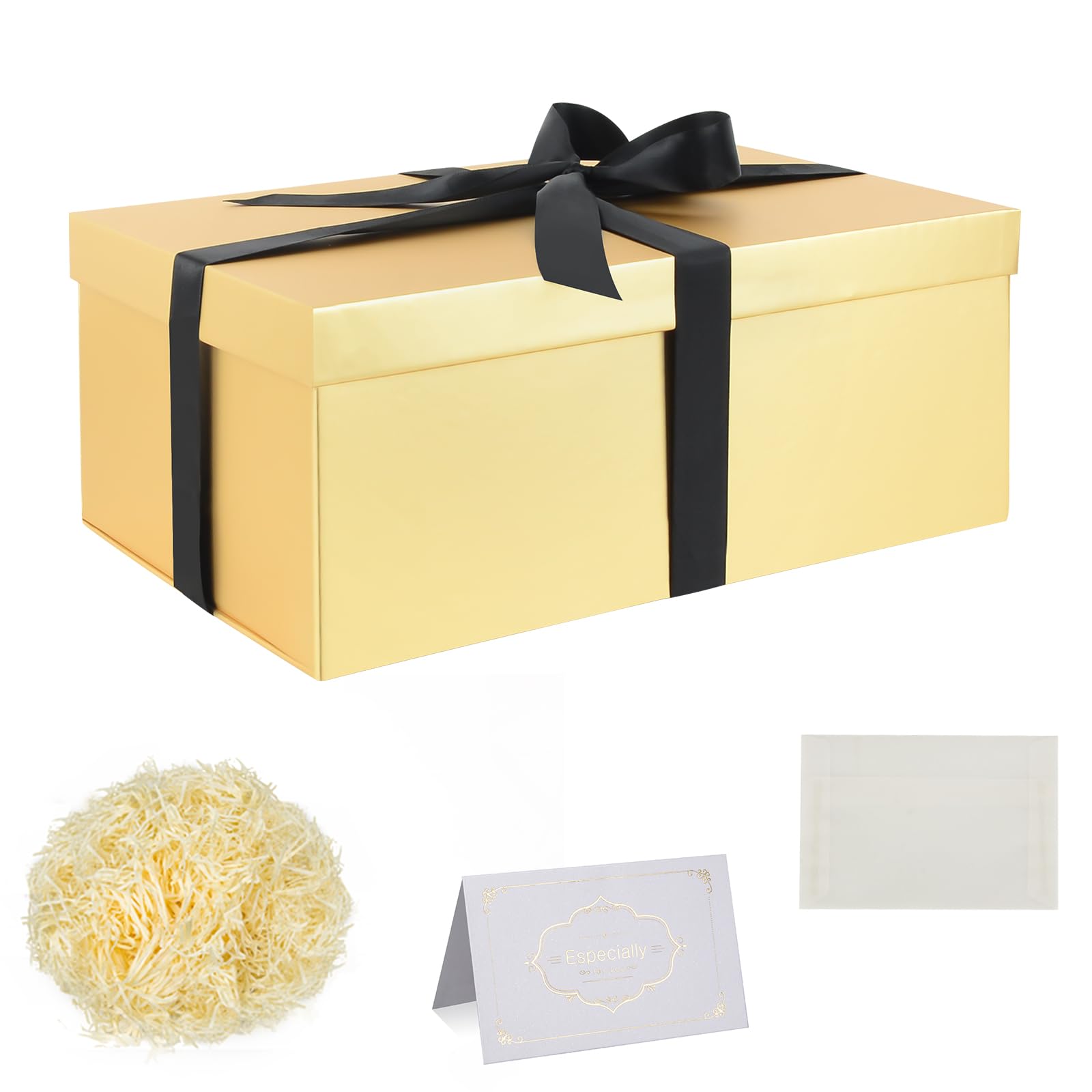 Gift Box Set, Gold Gift Boxes with Lids 30 x 20 x 12 cm Large Gift Box with Ribbon Shredded Tissue Paper Greeting Cards for Christmas Birthday Wedding Anniversary