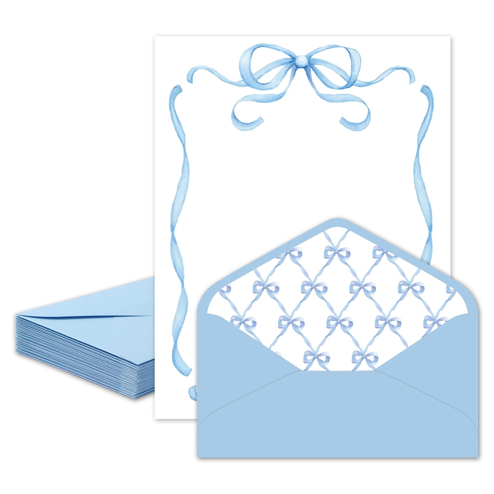 Whaline 30 Pack Blue Bow Stationery Paper Set Coquette Bowknot Letter Writing Paper with Envelopes for Birthday Baby Shower Invitation Office Printing